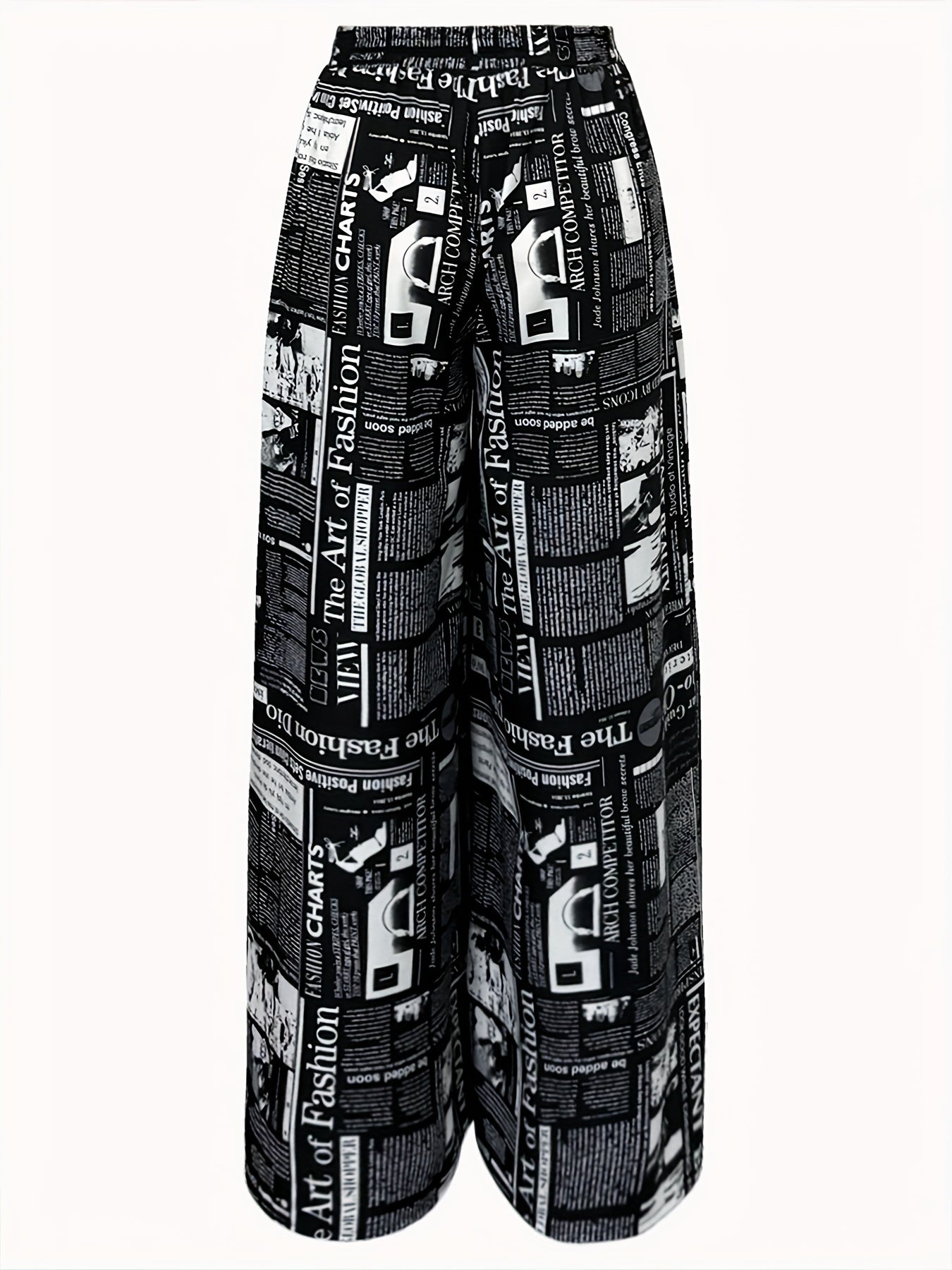 Newspaper Print Wide Leg Pockets Pants, Casual & Versatile High Waist Pants For Spring & Summer, Women's Clothing