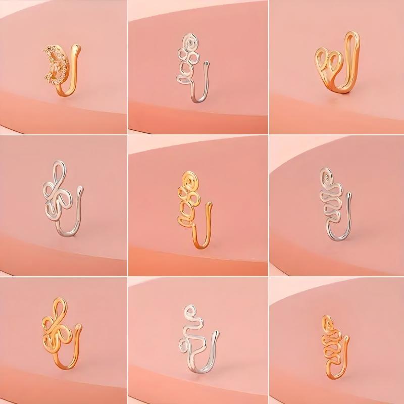 9pcs Non-Piercing Nose Ring Set – Gold-Plated U Shape Nose Clips with Zirconia, Star, Heart & Crown Charms – Stylish No Piercing Required Nose Jewelry for Women & Girls