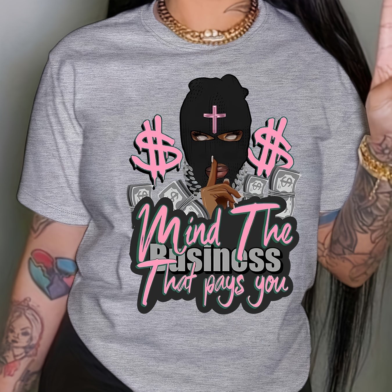Letter & Figure Print Crew Neck T-shirt, Short Sleeve Casual Top For Spring & Summer, Women's Clothing