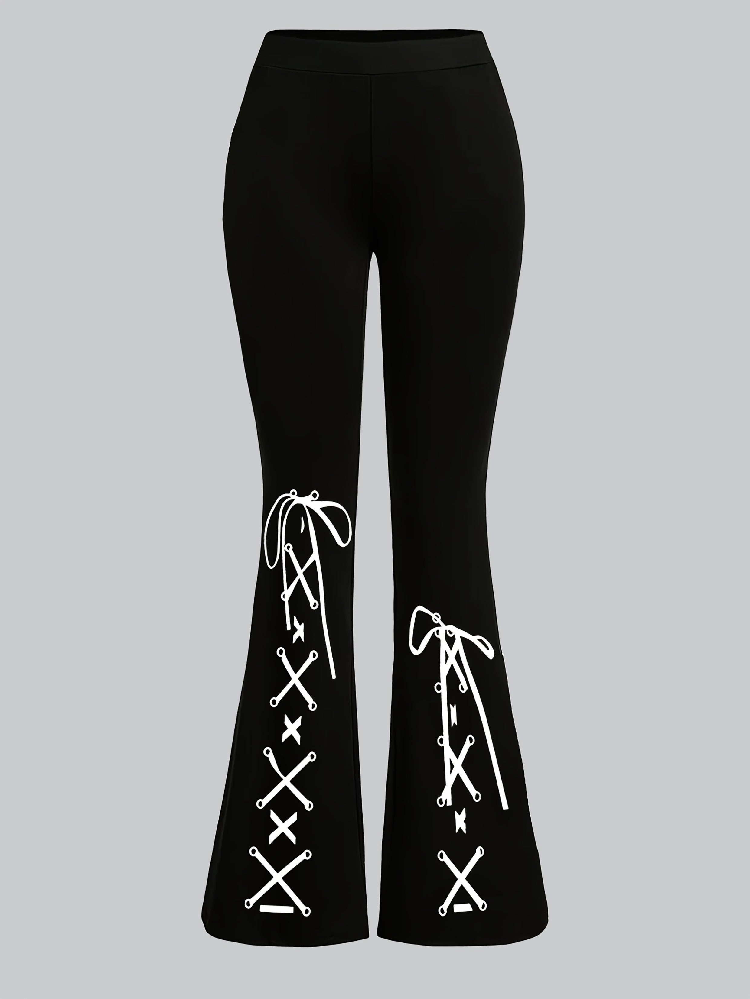 Women's Flared Pants | Black with White Lace-Up Design | Stretchy Polyester-Spandex Blend | Casual All-Season Wear | Machine Washable | Slim Fit Bell Bottoms for Everyday Style, Allseason Trousers | Stylish Casualwear | Comfo