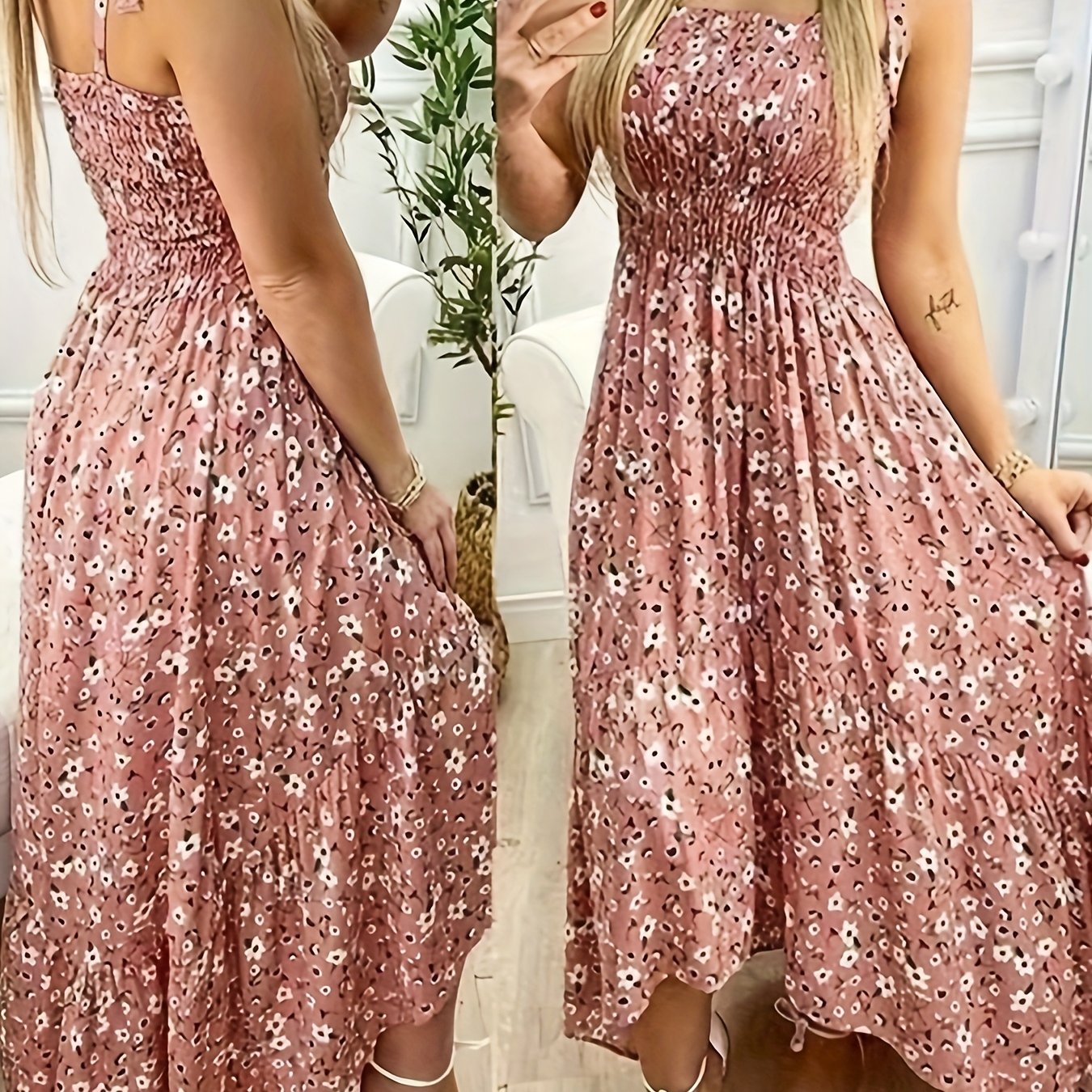 Elegant Floral Print Sleeveless Maxi Dress for Women - Ruffled Shoulder Straps, Cinched Waist, Lightweight Polyester, Perfect for Summer Outings