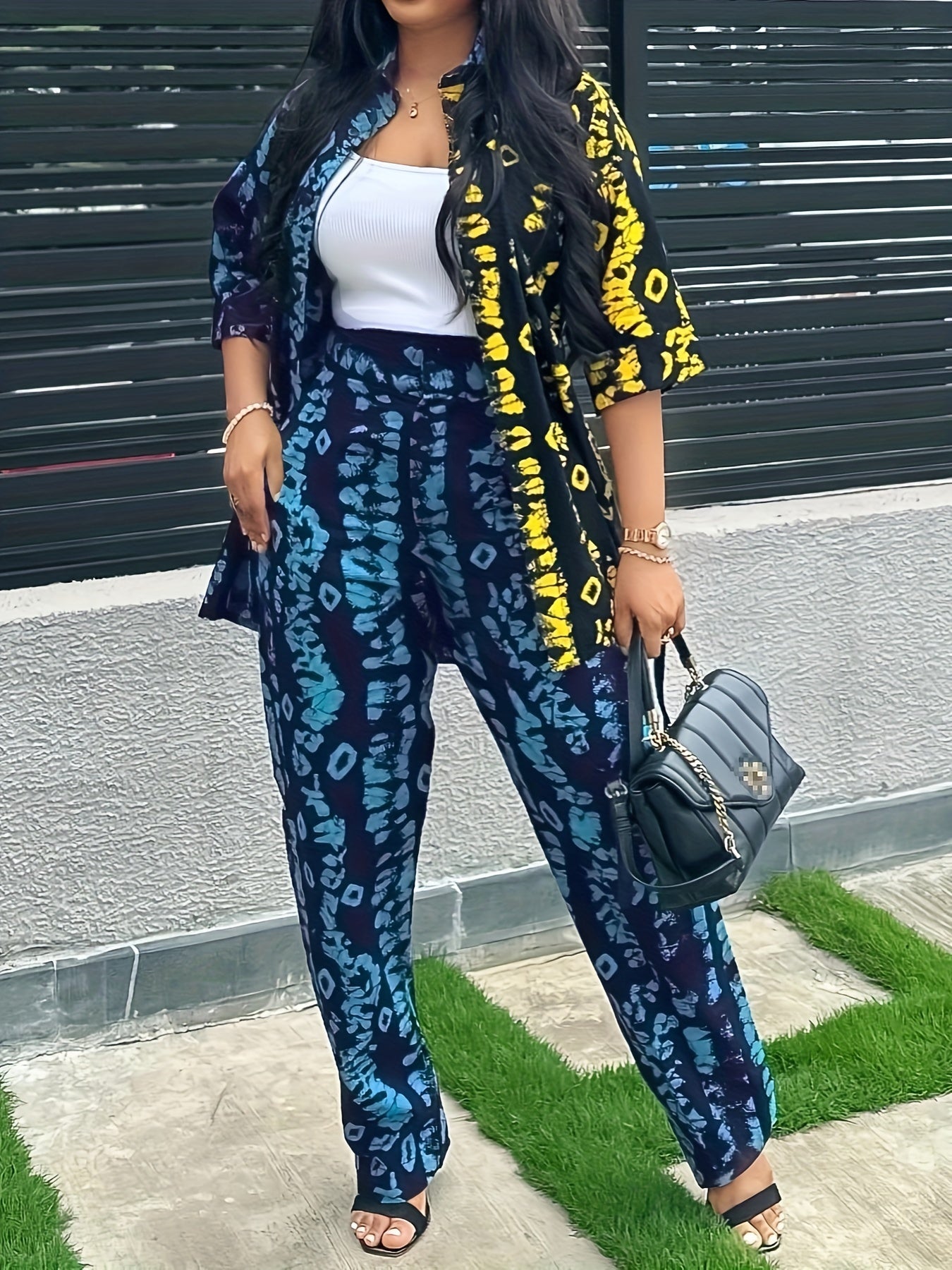 Women's Casual Print Two-Piece Set: Button-Up Shirt & Wide-Leg Pants - Polyester Blend, Vibrant Abstract Pattern, Machine Washable