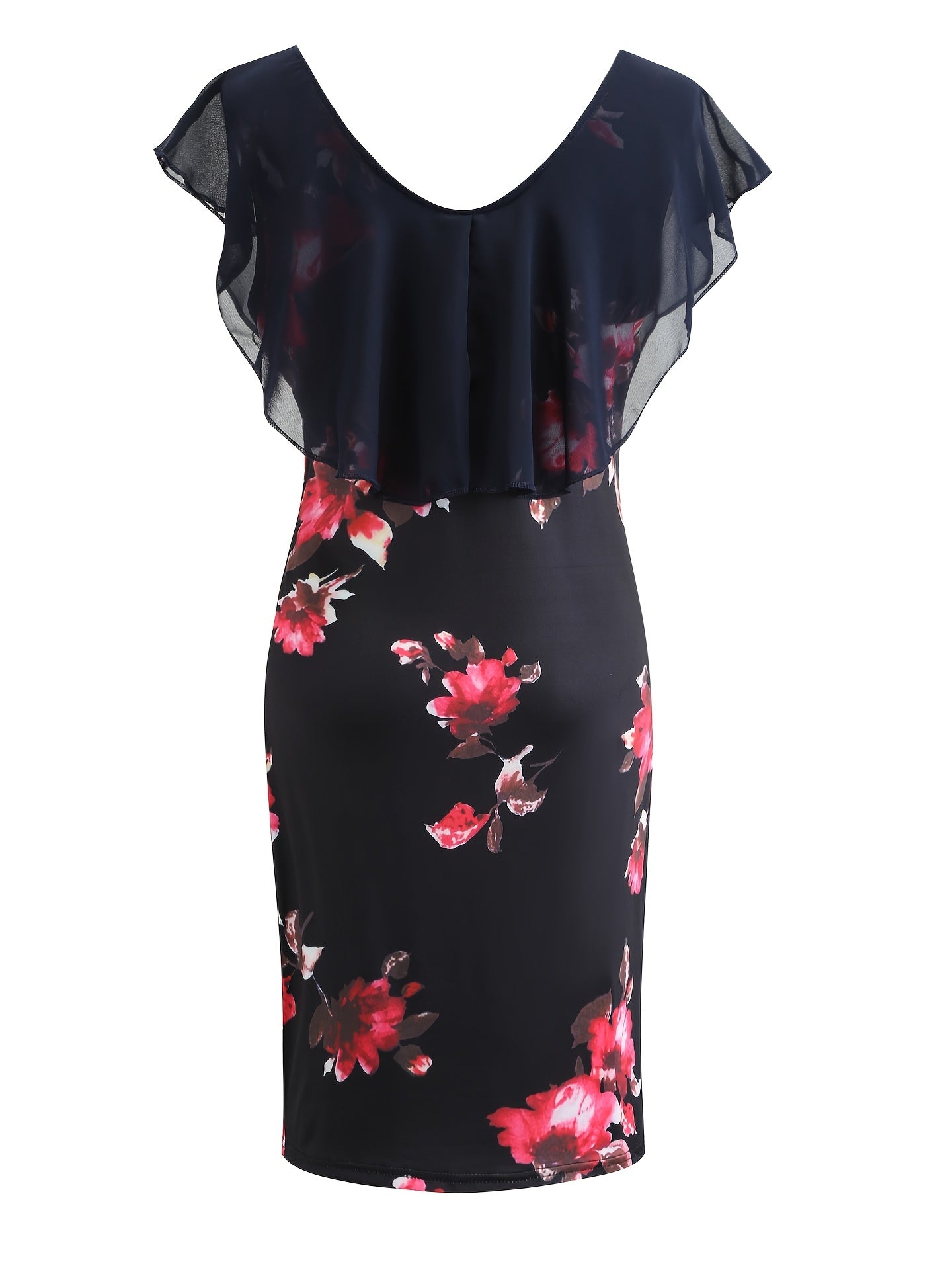 Vibrant Floral Print Ruffle Trim Bodycon Mini Dress - Scoop Neck, Short Sleeve, Casual Beach Summer Wear - Women's Fashion Clothing for Warm Weather