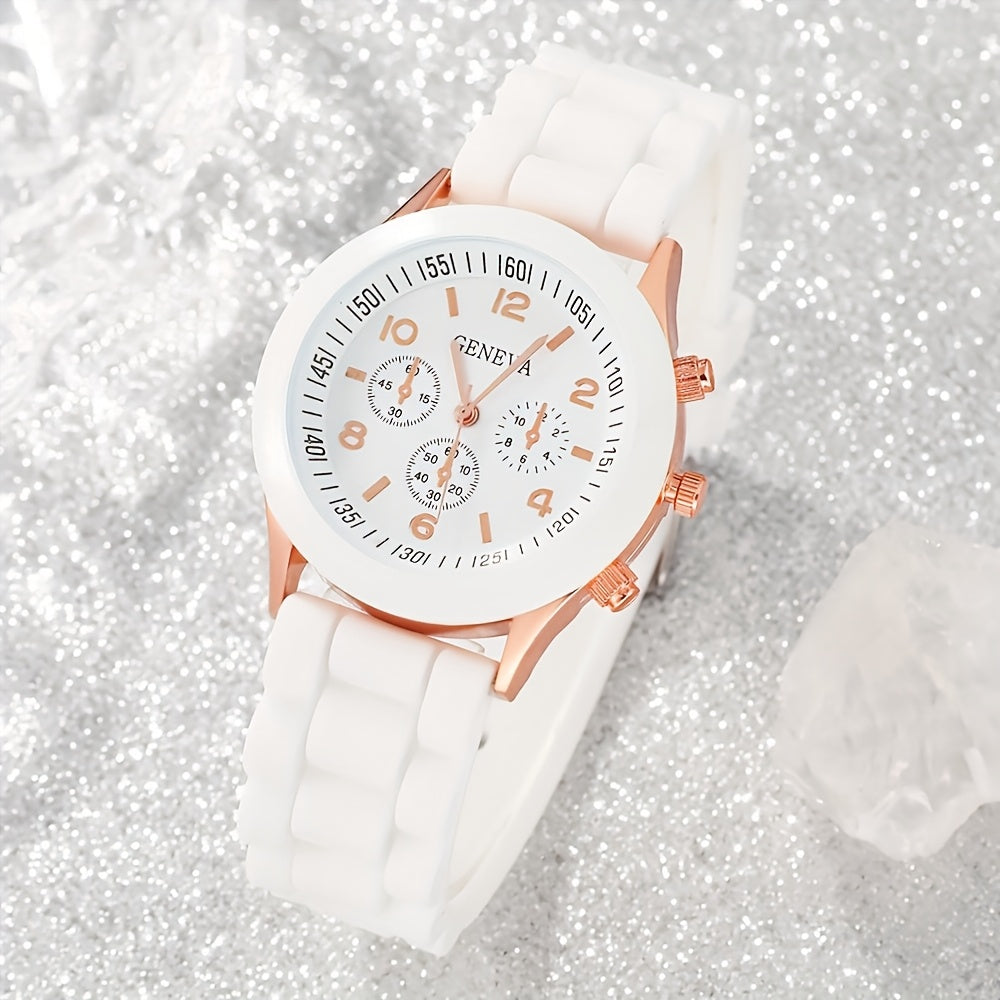 5pcs Fashion Women's Quartz Watch & Beaded Bracelet Set - Elegant White with Rose Golden Accents, Silicone Strap, Zinc Alloy Case, Non-Rechargeable Button Battery - Ideal for Valentine's, Birthdays, Easter, Graduation, Christ