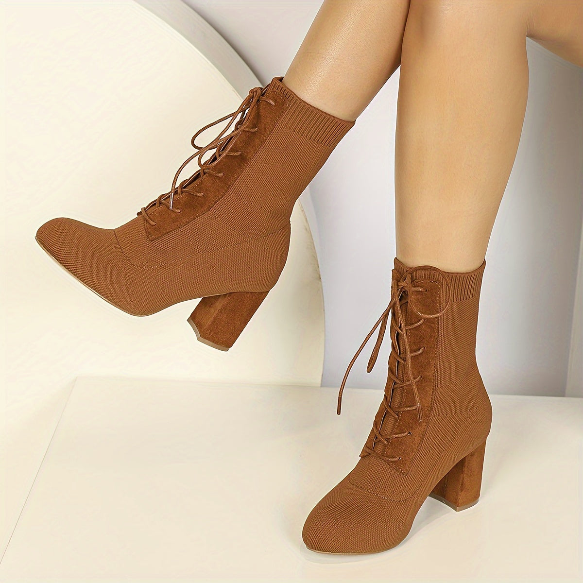 Women's High Heeled Boots with Thick Heels And Fly Woven Uppers, Tied Straps, Thick Heels, Round Toe, And Midsole Boots Are Fashionable And Suitable for Daily Wear
