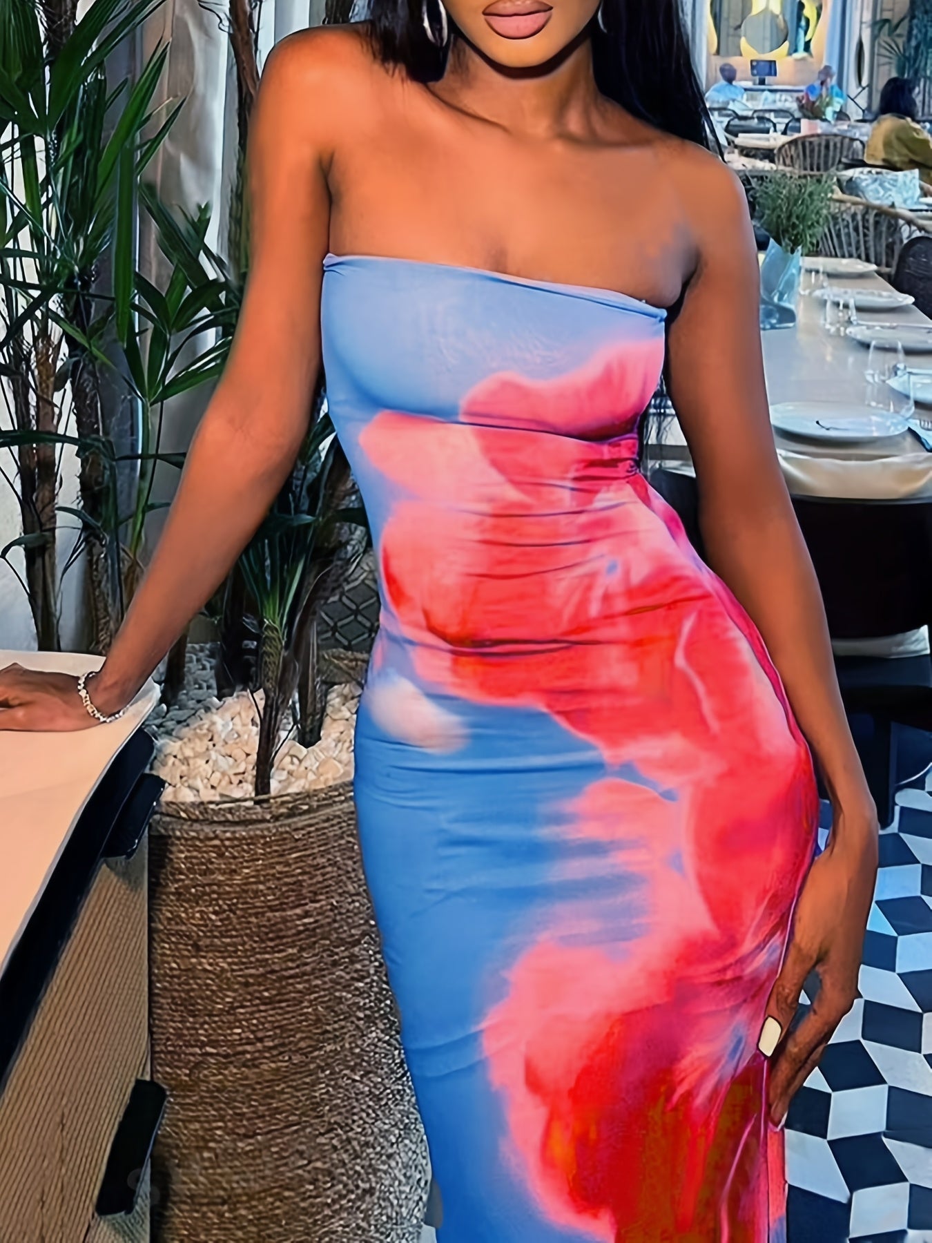 1pc Women's Romantic Floral Print Bandeau Dress, Sexy Polyester Knit Fabric with Split Detail, All-Season Strapless Maxi Dress for Adults