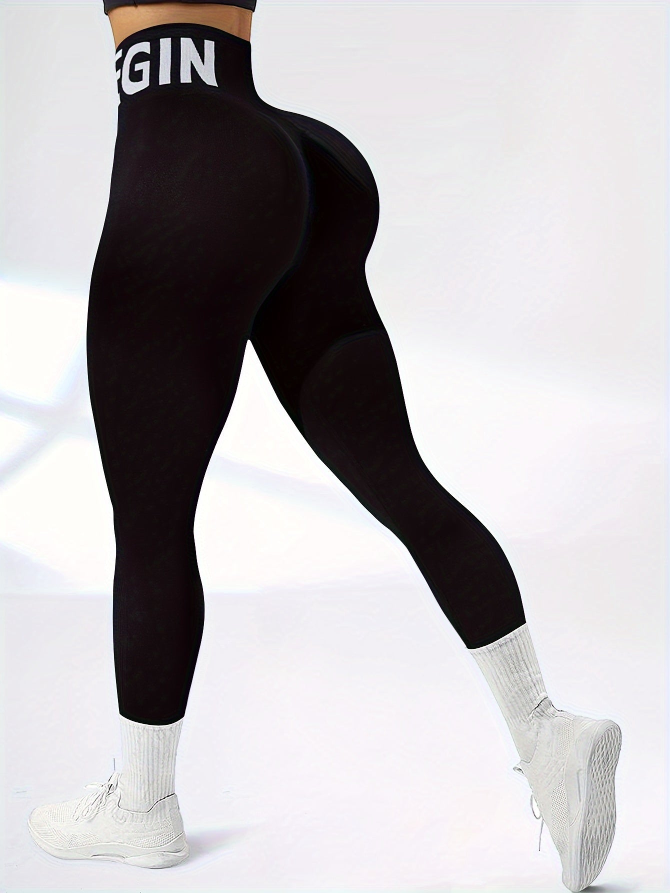 Women's Seamless High Waist Sports Leggings, 2 Pack Knit High Stretch Letter Print Yoga Leggings