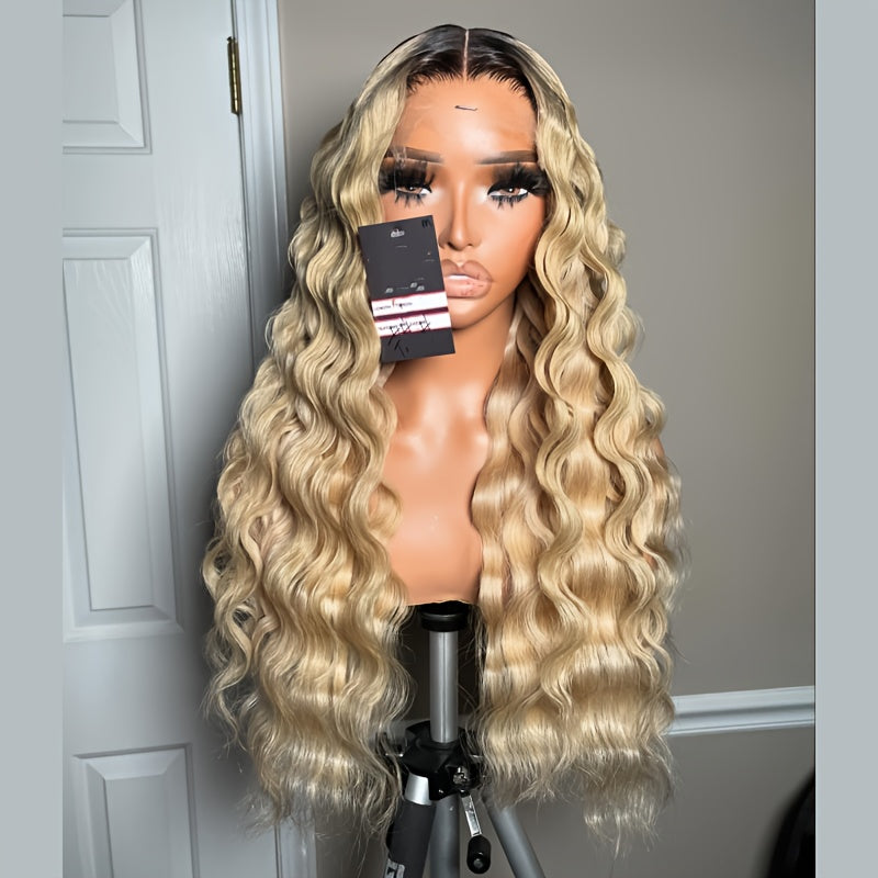13x4 613 Lace Front Wigs Ombre Brown Roots To Blonde Pre-plucked 180% Density Luscious Blonde Deep Wave Wig HD Transparent Frontal Wig Glueless Lace Front Wigs For Women Girls Party Vacation Daily Used 28inch