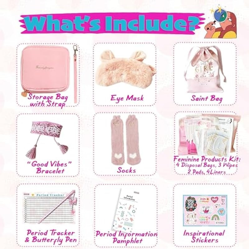 First Period kit for Girls 22 PC Period Packs for Young Girls First Time First Period Gift for Teen Girls with Sanitary Pad Storage Bag Wipes Bracelet Eye Mask Socks and More