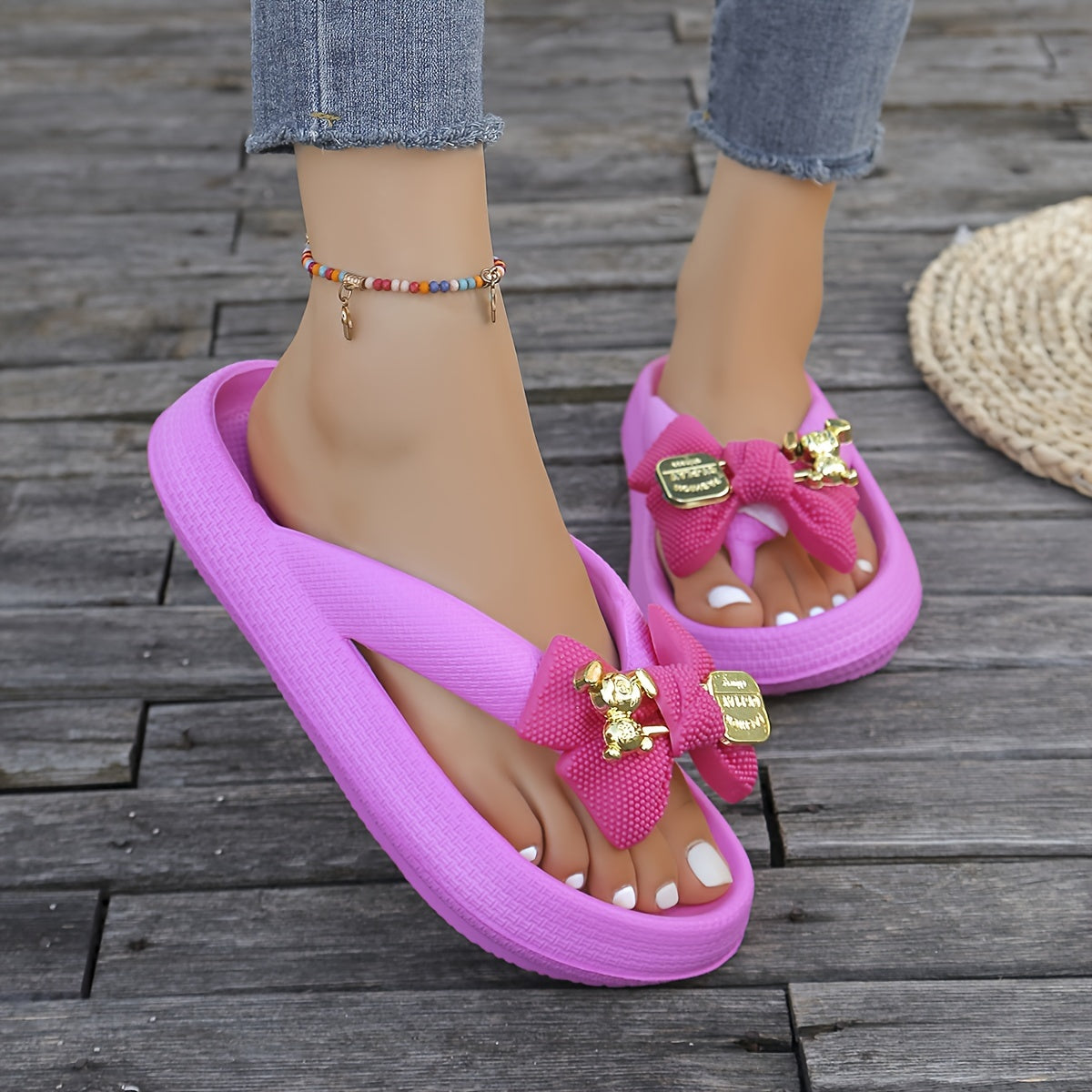 Women'S Summer Casual Flip Flops, Cute Cartoon Bear Bow Design, Thick Sole Non-Slip Soft Cloud Slides, Beach Vacation Slip-On Slippers, Dorm Home Daily Leisure, Large Size Ladies Shoes, Flat Heel EVA Material