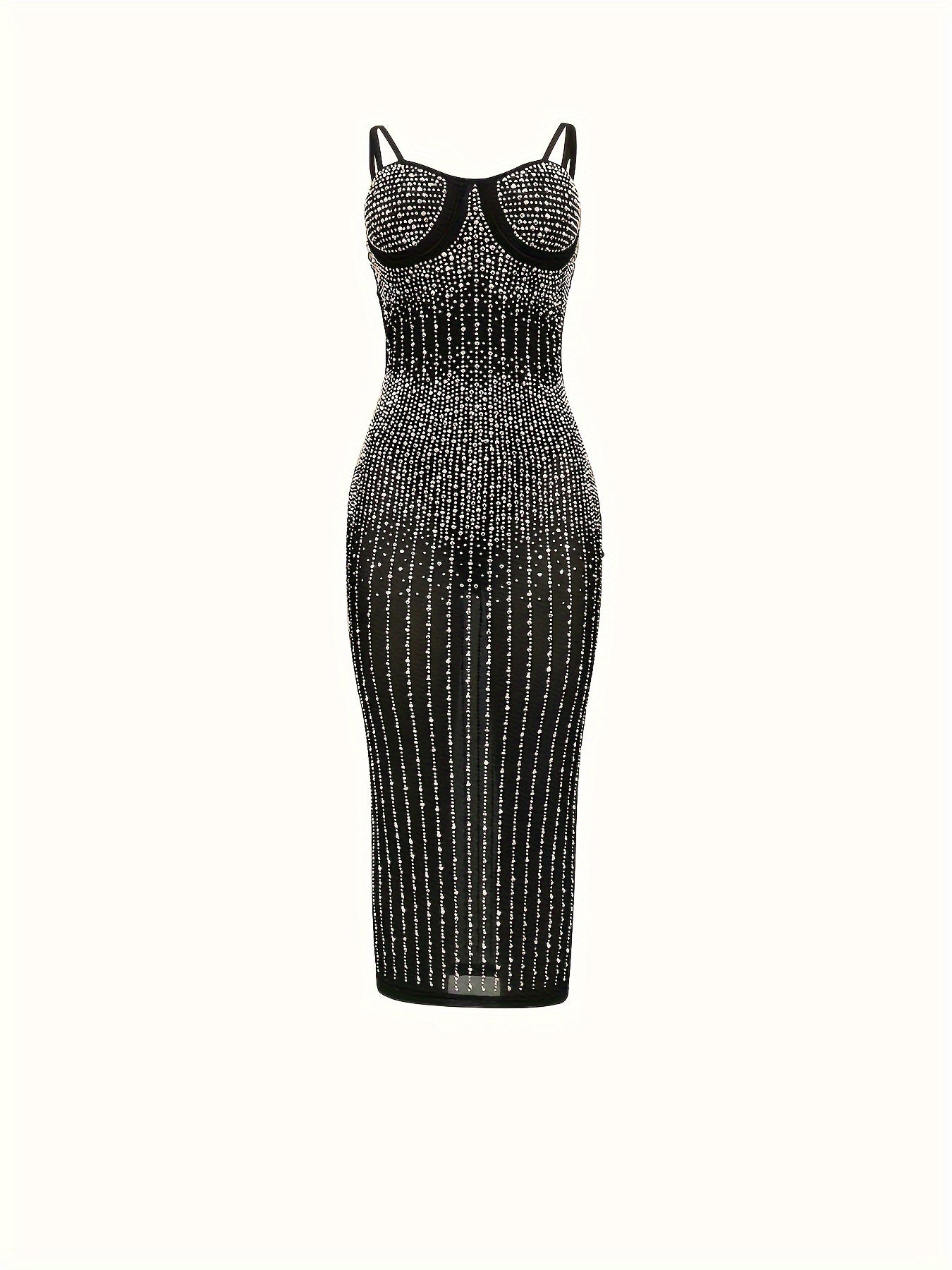 Elegant Off-Shoulder Rhinestone Halter Women'S Bodycon Dress - Sexy Mesh See-Through Long Sleeve Dress for Summer, Party, and Formal Events, Evening Event Attire | Halter Neck Dress | See-Through Mesh Fabric