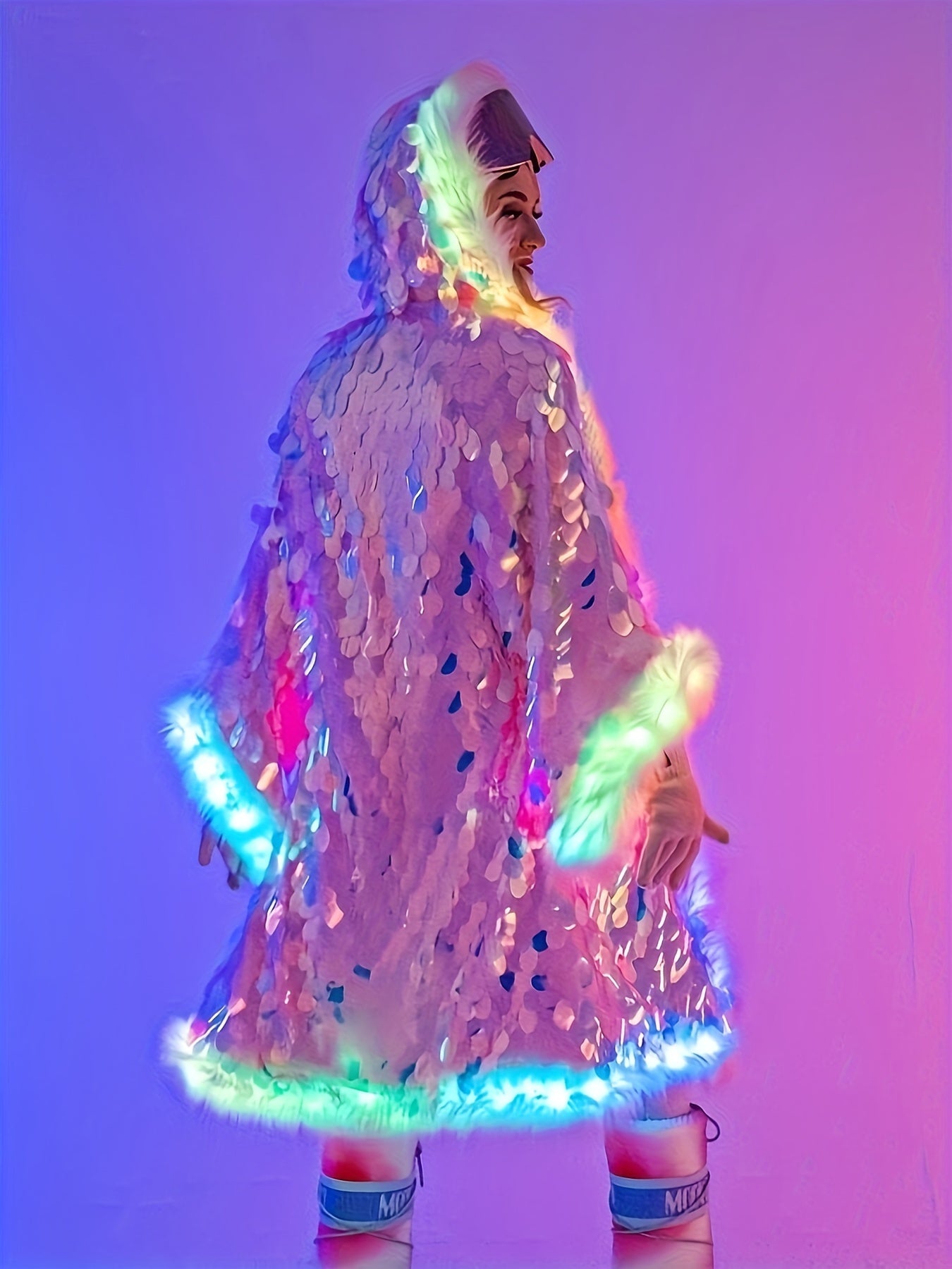 Women's LED Sequin Faux Fur Coat - Long Hooded Festival & Cosplay Outfit, USB-Powered, Flare Sleeves, Mermaid Tail Design, Vibrant Pink to Blue Gradient (Batteries Not Included), Cosplay Costume | Sequin Embellished | LED Lit