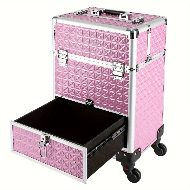 1pc Rolling Oversized Makeup Case with 4 Built-In Trays And a Handle for Easy Movement. It Is an Exclusive Wheeled Storage Tool for Nail Technicians, Artists, Beauticians, And Stylists