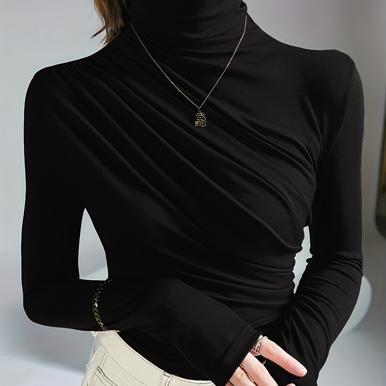 Elegant Ruched Mock Neck Long Sleeve Top for Women - Stylish Autumn/Winter Blouse, Soft Polyester & Elastane Blend, Machine Washable, Dark Brown, Perfect for Casual or Dressy Outfits