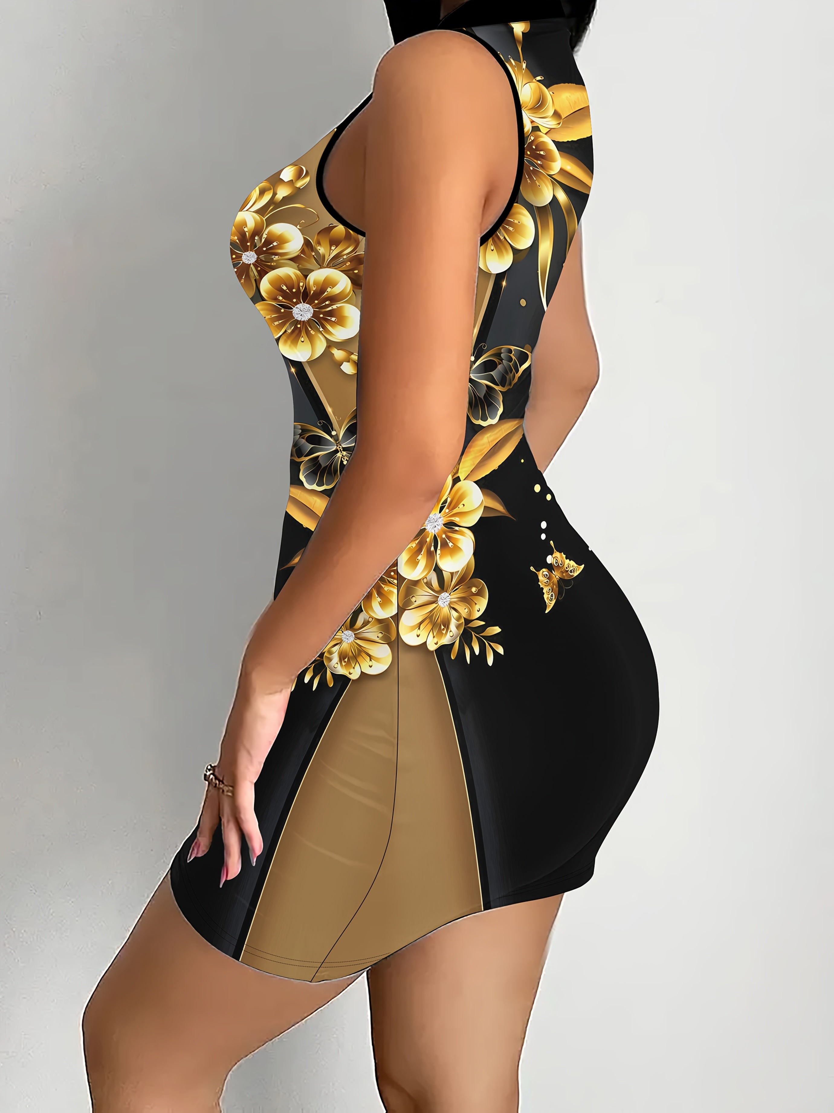 Stylish Women's Sleeveless Bodycon Dress with 3D Golden Rose & Butterfly Print, High Neckline, Stretchy Polyester & Spandex Blend, Machine Washable - Perfect for Spring & Summer