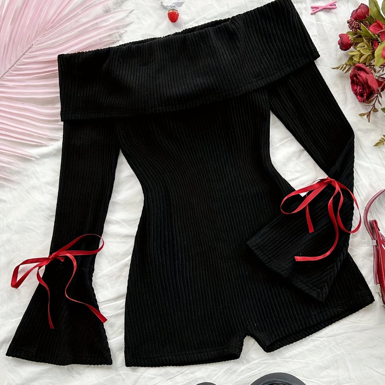 Elegant Direction Women'S New Autumn And Winter Knitted Solid Color Off-Shoulder Long Sleeve Flared Jumpsuit.