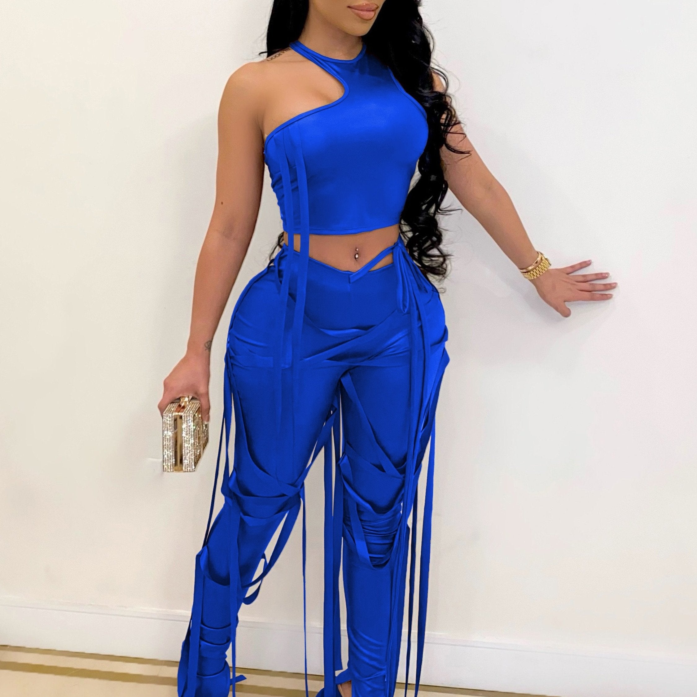 Chic Solid Two-piece Outfit Set - Trendy Asymmetrical Sleeveless Top & Slim-Fit Pants - Flattering Womens Wardrobe Essential