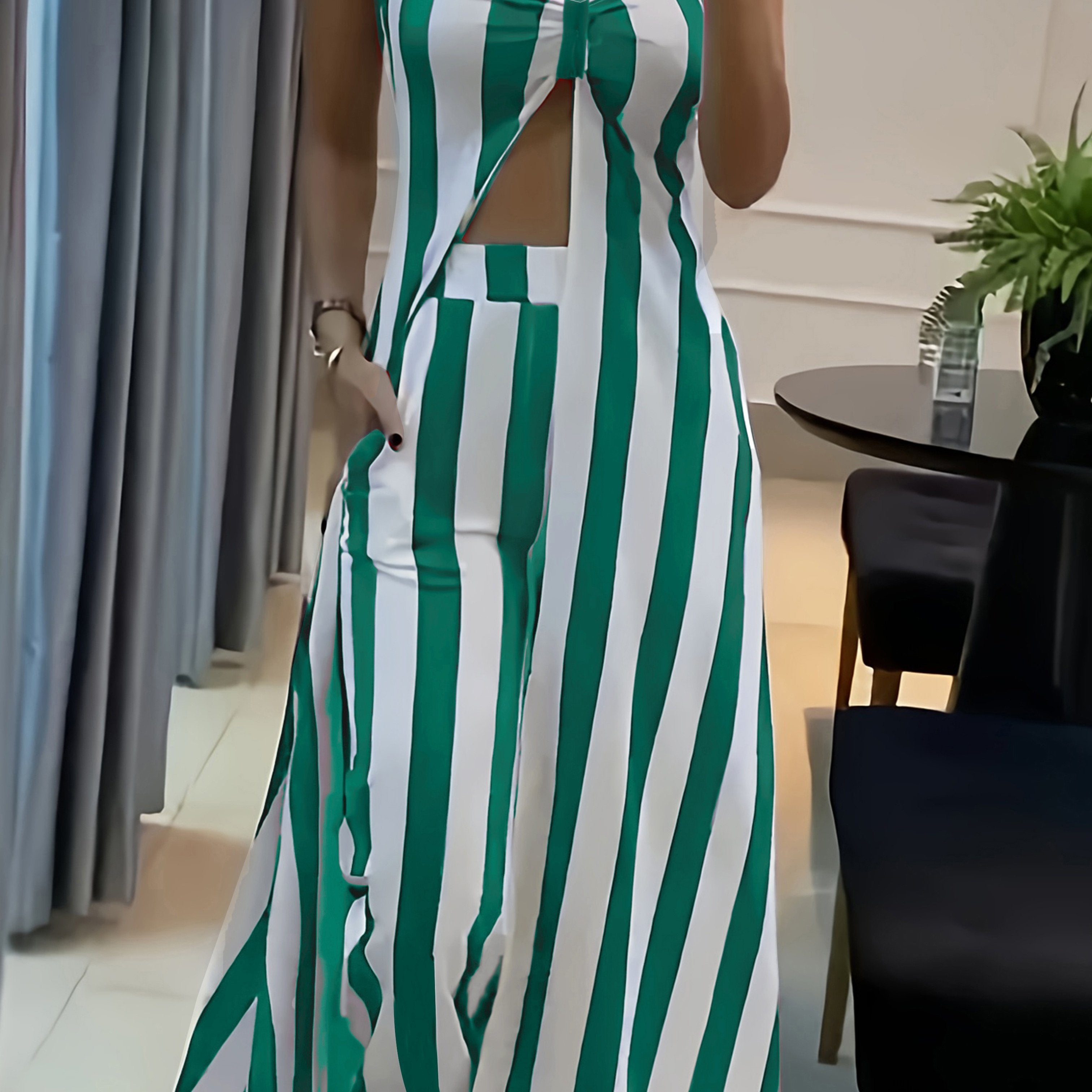 Casual Stripe Print Pants Set, Sweetheart Neck Split Hem Longline Tube Top & High Waist Flare Leg Pants Outfits, Women's Clothing