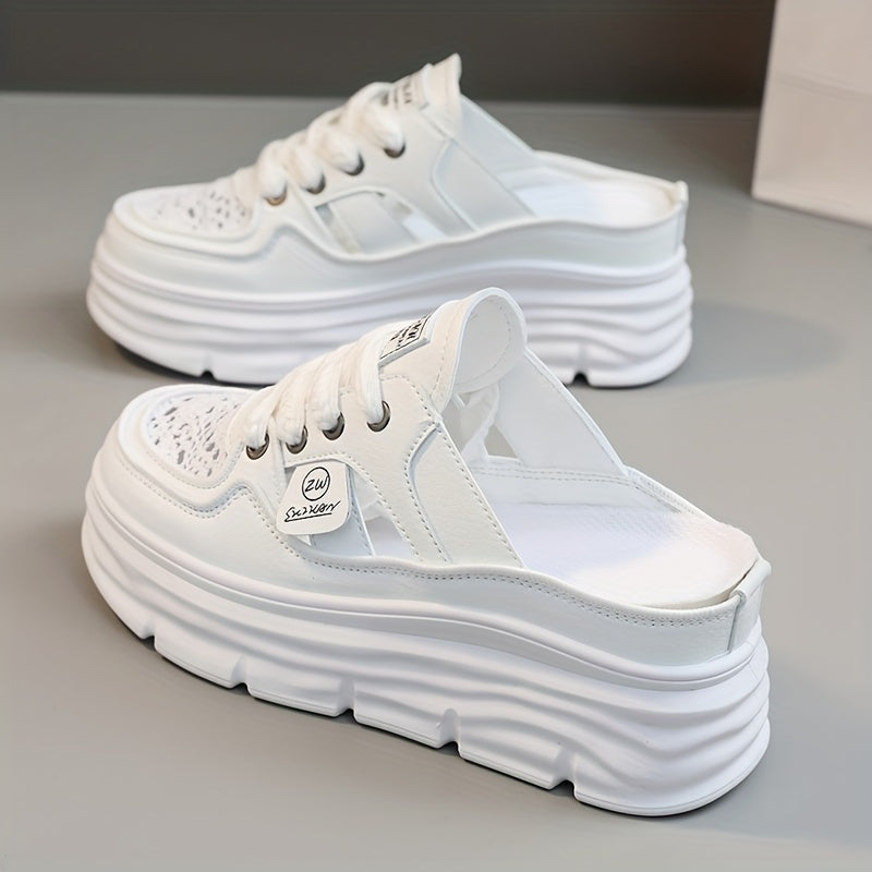 Comfortable Breathable Women's Platform Mule Sneakers, Casual Cutout Design Lace Up Summer Shoes
