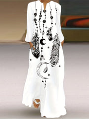 Feather Print V Neck Long Dress, Casual Long Sleeve Dress For Spring & Fall, Women's Clothing