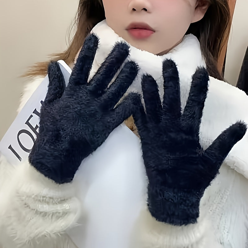 Women's Cozy Plush Winter Gloves - Warm, Stretchy Full-Finger Touchscreen Compatible Mittens in Solid Colors
