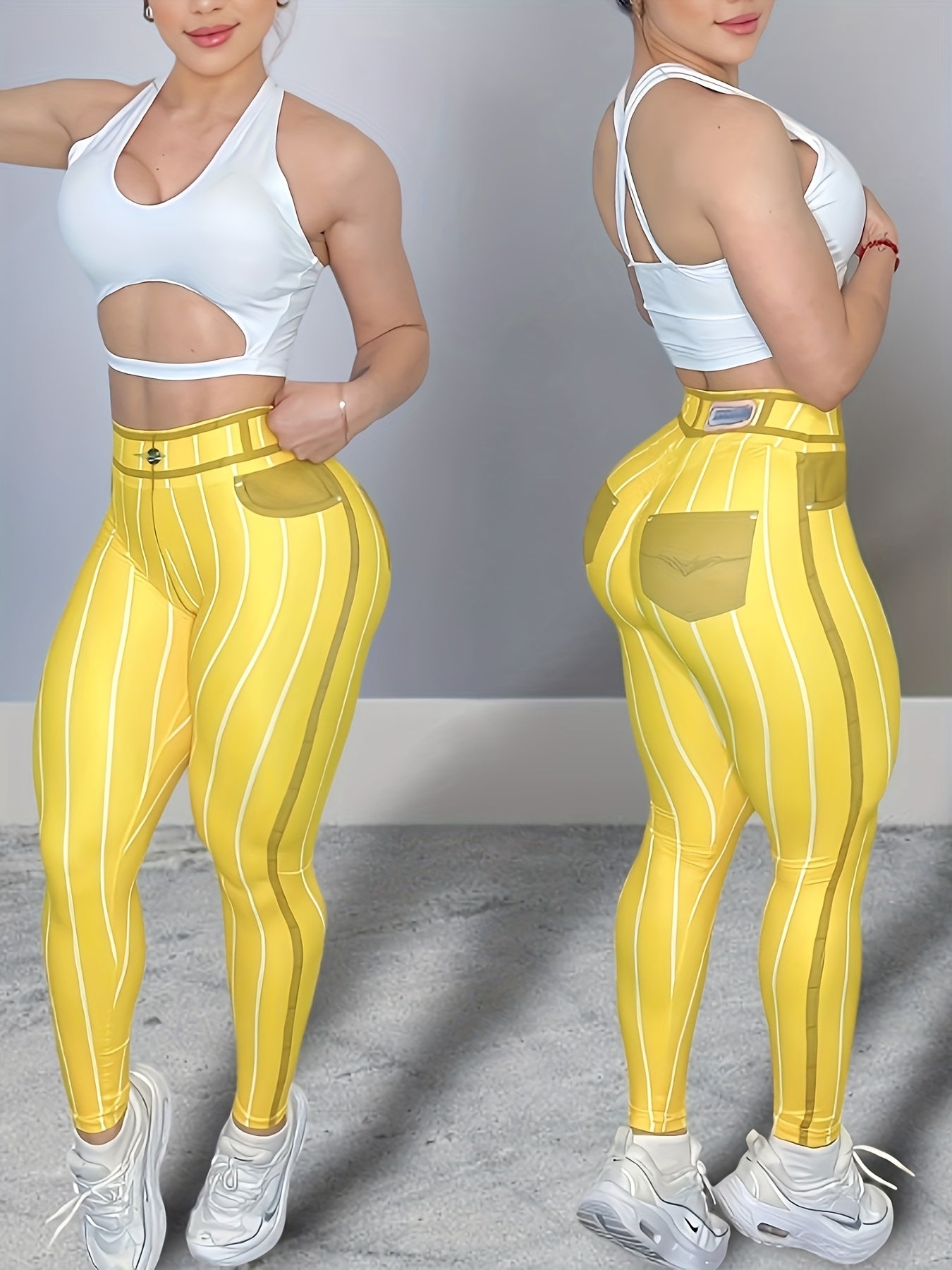 High-Waist Denim-Look Yoga Pants for Women - Sexy Fitness Leggings with Trendy Striped Design, Red & White Vertical Stripes, Stretchy Polyester Blend, Machine Washable, Perfect for Yoga, Running, and Gym Workouts, Athletic We