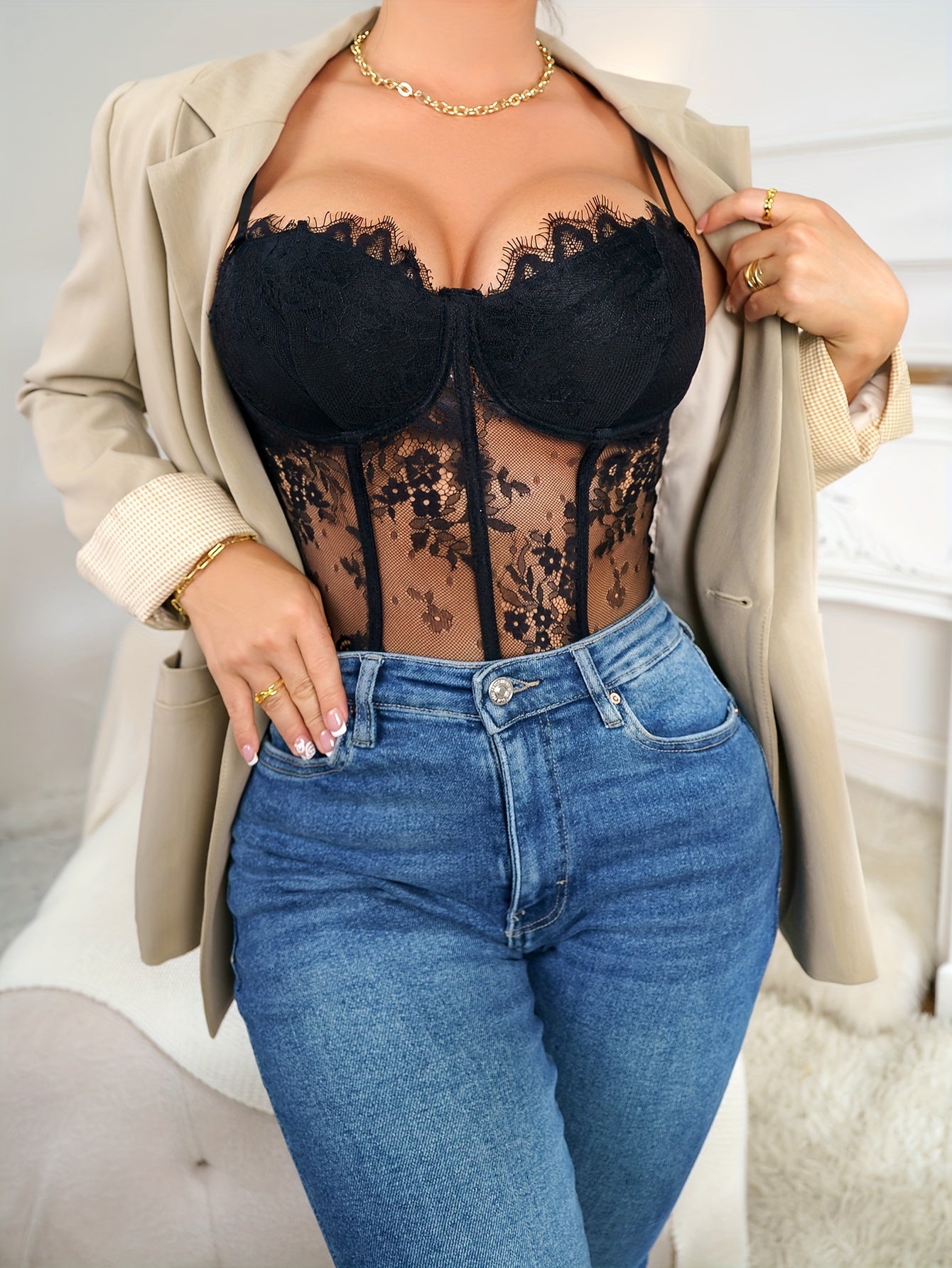 Sexy Black Lace Corset Cami Top for Women - Sheer Floral Design with Fishbone Support, Adjustable Spaghetti Straps, Perfect for Layering or Standalone Outfits