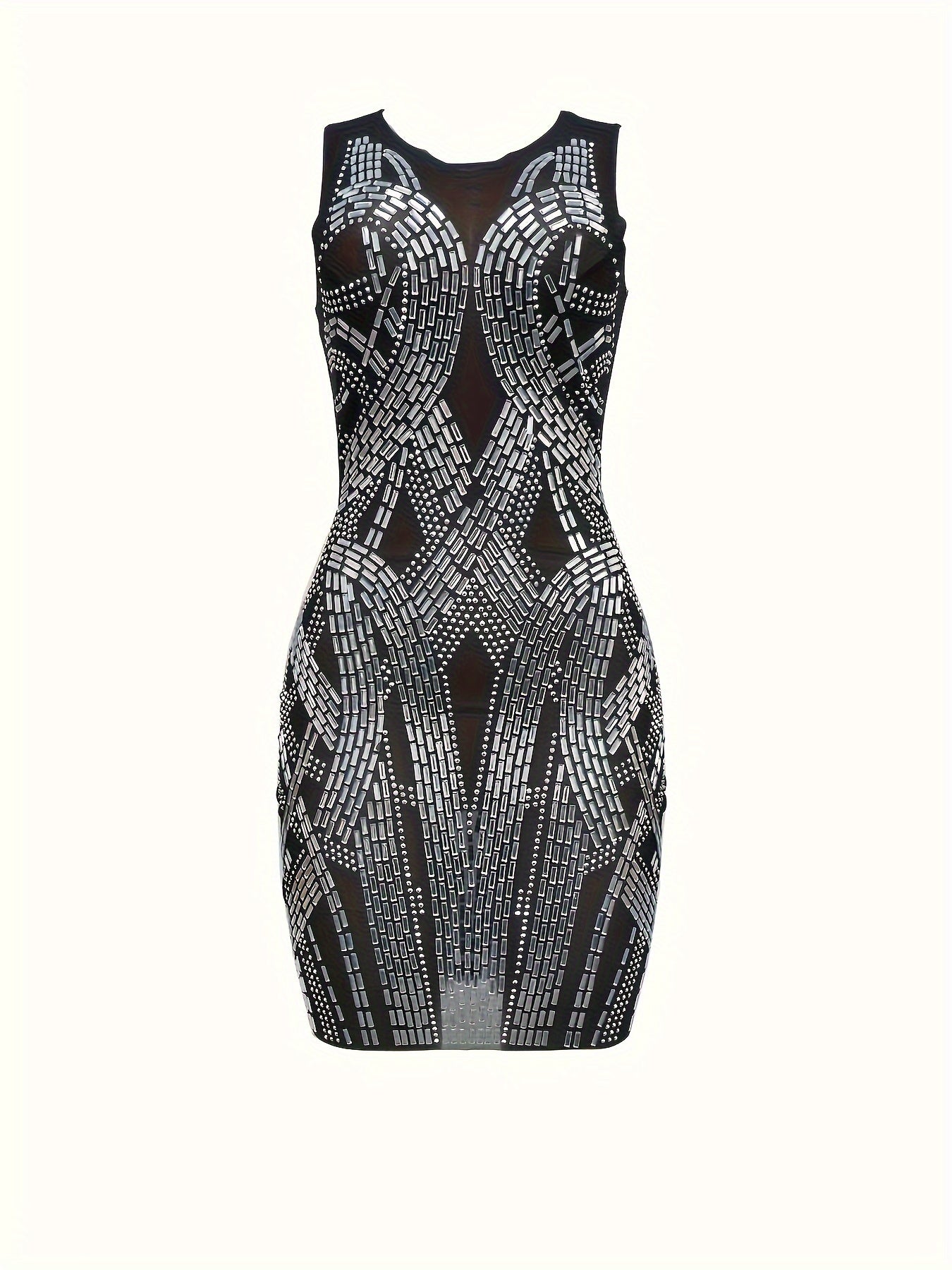Rhinestoned Crew Neck Mesh Tank Dress, Sexy Sleeveless Bodycon Dress For Club & Party, Women's Clothing