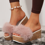Elegant Women's Platform Slippers with Fluffy Faux Fur, Cork Wedge Heel, Solid Color, All-Season Versatile, Slip-On Style with Open Toe, Strappy Back, Breathable Fabric Insole, Non-Slip Rubber Sole, Taizhou