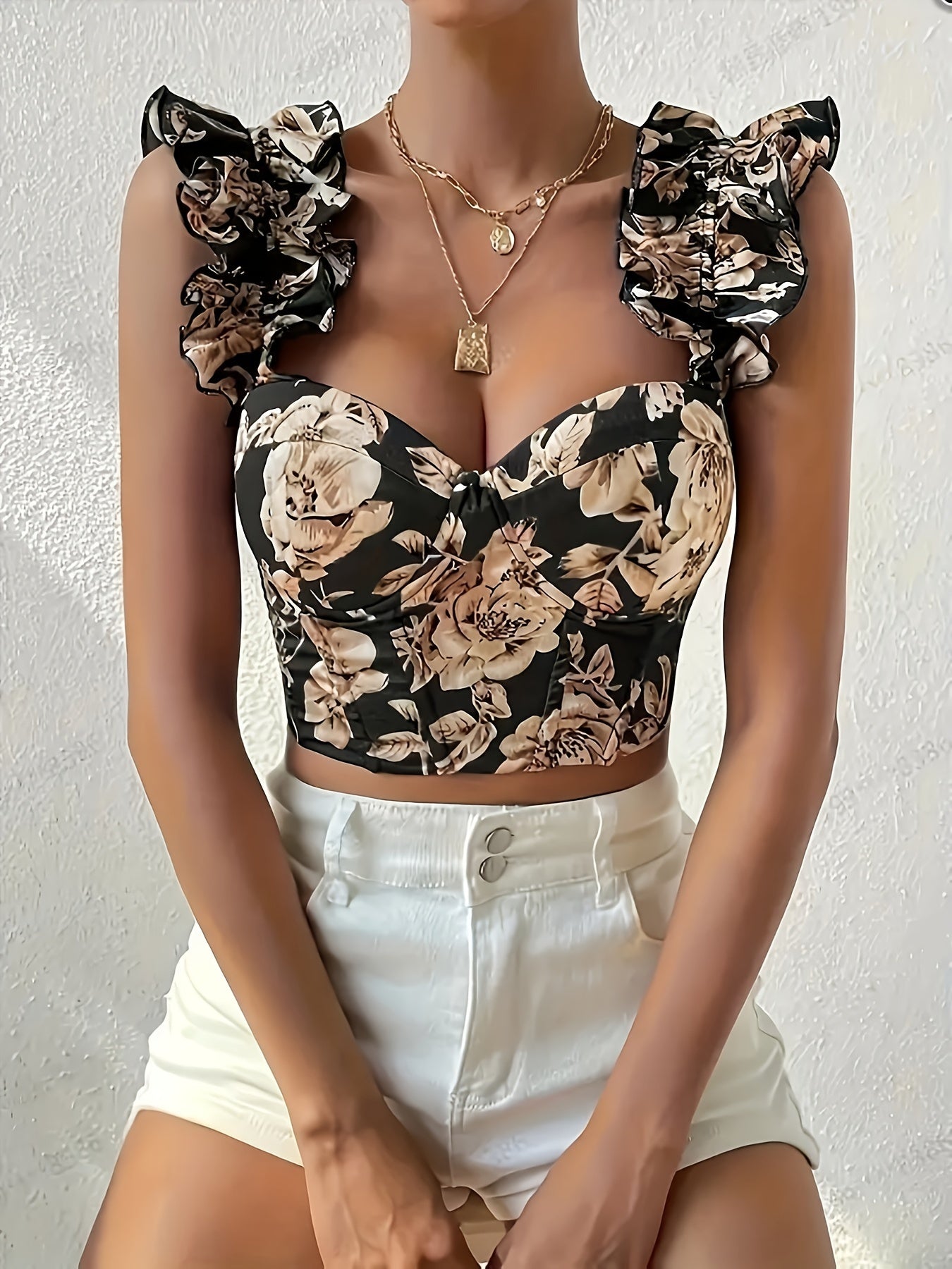Elegant Vintage Floral Print Backless Ruffle Trim Crop Top with Built-In Bra - Machine Washable, Polyester