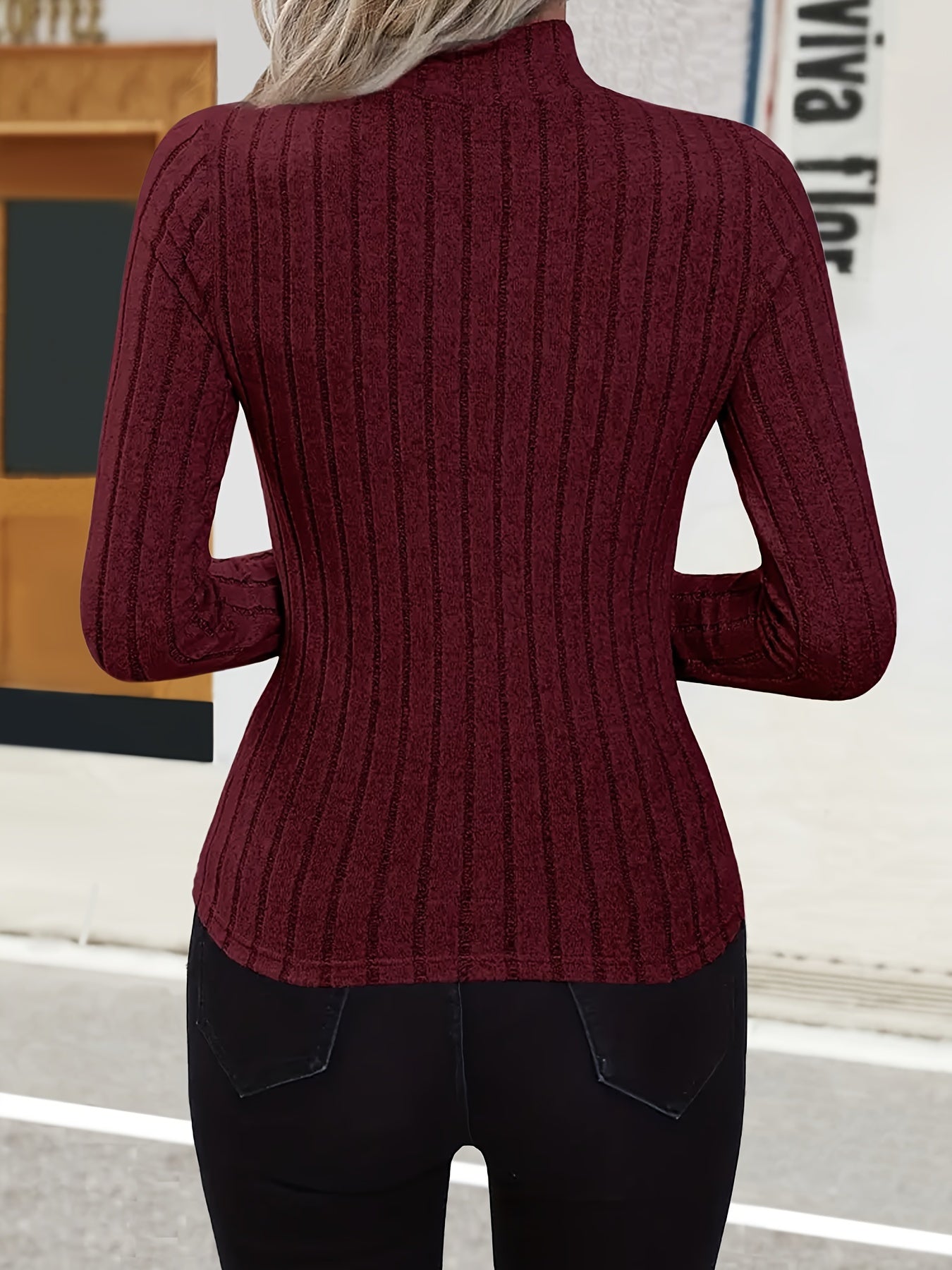 Solid Mock Neck Rib Knit Top, Elegant Long Sleeve Slim Versatile Sweater, Women's Clothing
