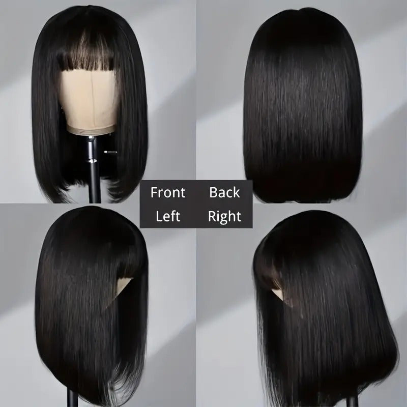 200 Density, Machine Made Bob Wig, Women'S Short Bob Wig with Bangs - Natural Black Machine Made Brazilian Human Hair - Glueless Wig 3 Seconds To Wear, Short Bob Human Hair Wig, Elegant Look Fit Natural Human Hair Wig