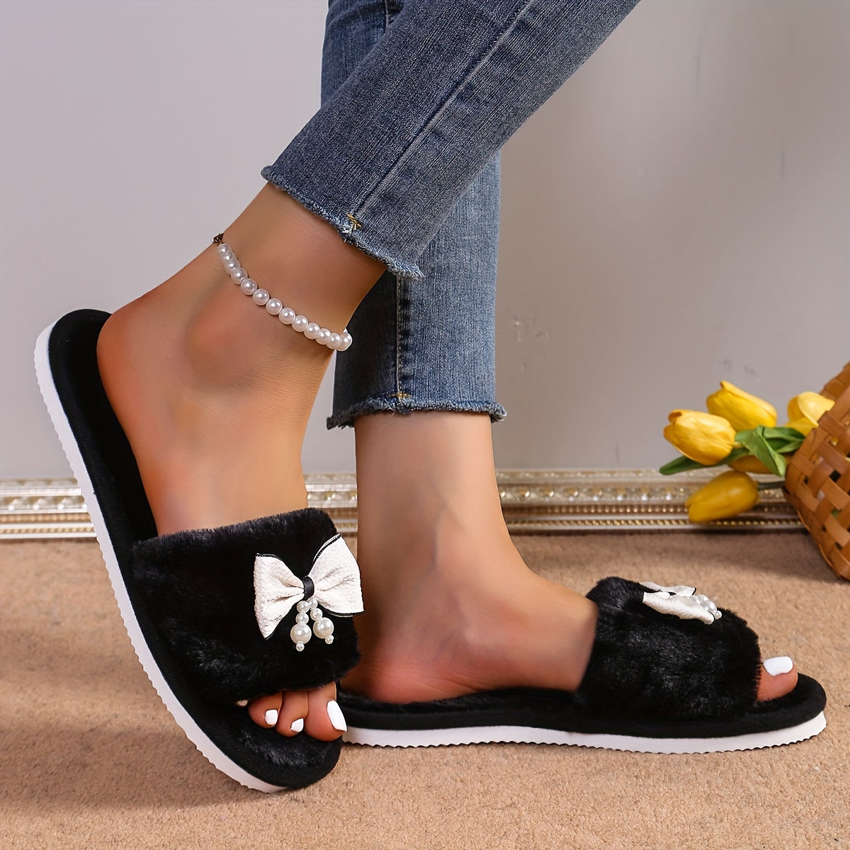 Women'S Black Fuzzy Slippers with Pearl Bow, Cartoon Pattern, Slip-on House Shoes, All-Season Indoor Footwear, Fabric Upper/Inner, EVA Sole, Hand Washable