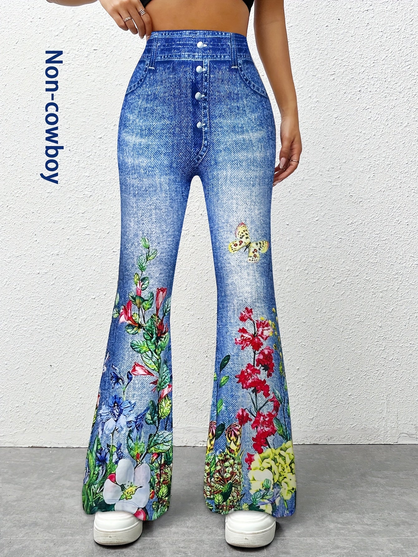 1pc Women'S Floral Print Flare Leg Faux Denim, Polyester Knit Fabric, All-Season Adult Bell Bottoms