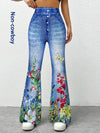 1pc Women'S Floral Print Flare Leg Faux Denim, Polyester Knit Fabric, All-Season Adult Bell Bottoms
