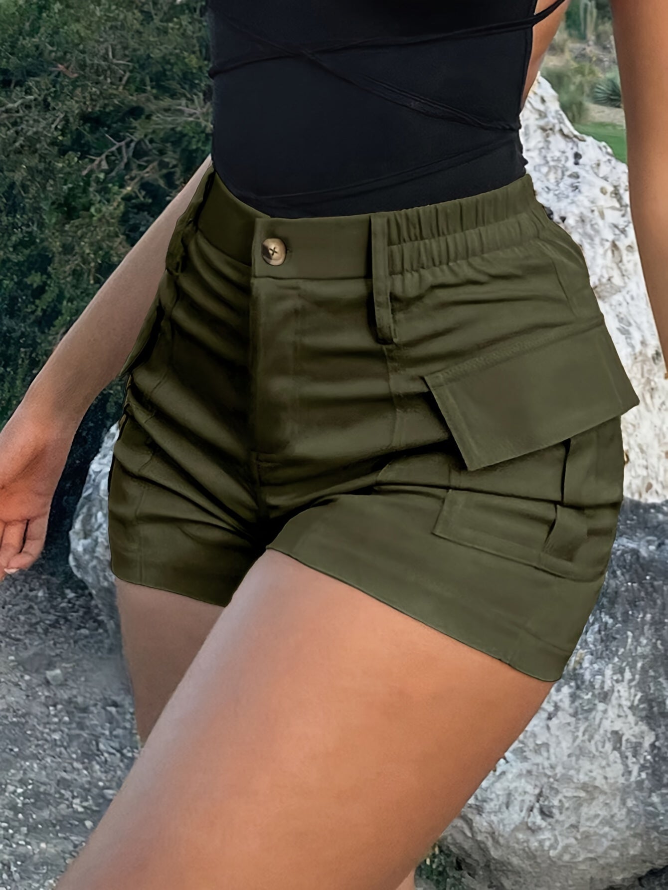 Flap Pocket High Waist Cargo Shorts, Vacation Fashion Shorts For Spring & Summer, Women's Clothing