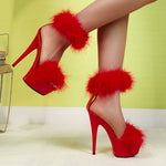1 Pair of Red Faux Fur Ankle-Strap High Heels - Sexy Open Toe, Non-Slip Transparent Sole, 15cm/5.91in Heel Height for Parties, Nightclubs & Events, Stiletto Heels