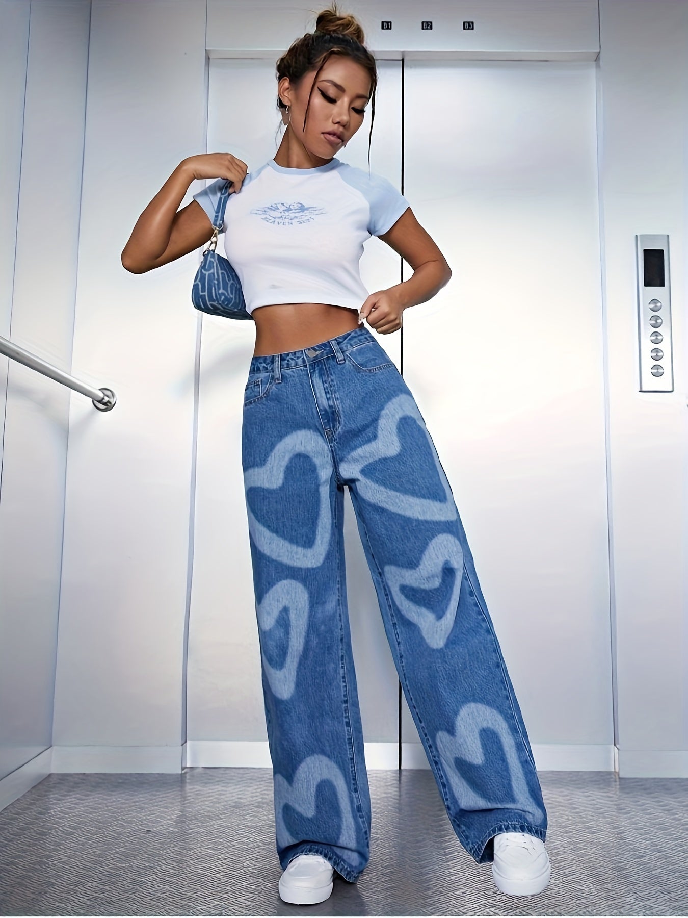 Women's High-Waisted Wide Leg Denim Jeans with Heart Print - Light Blue Casual Loose Fit Pants, Cotton, Long Length, Perfect for Casual Attire