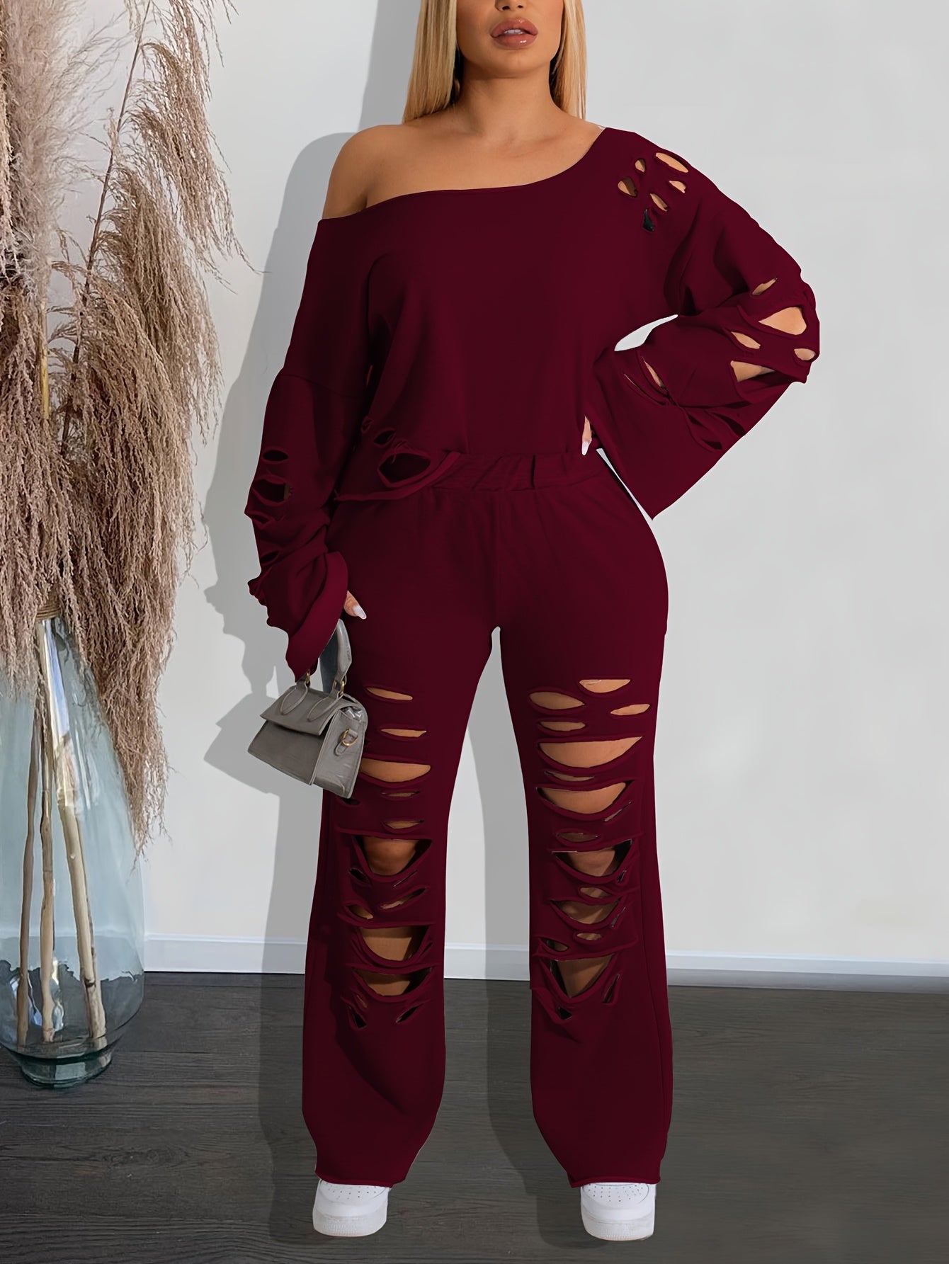 Two-piece Women's Casual Cut Out Set - Long Sleeve Asymmetric Top And Pants Outfit for Comfort And Style