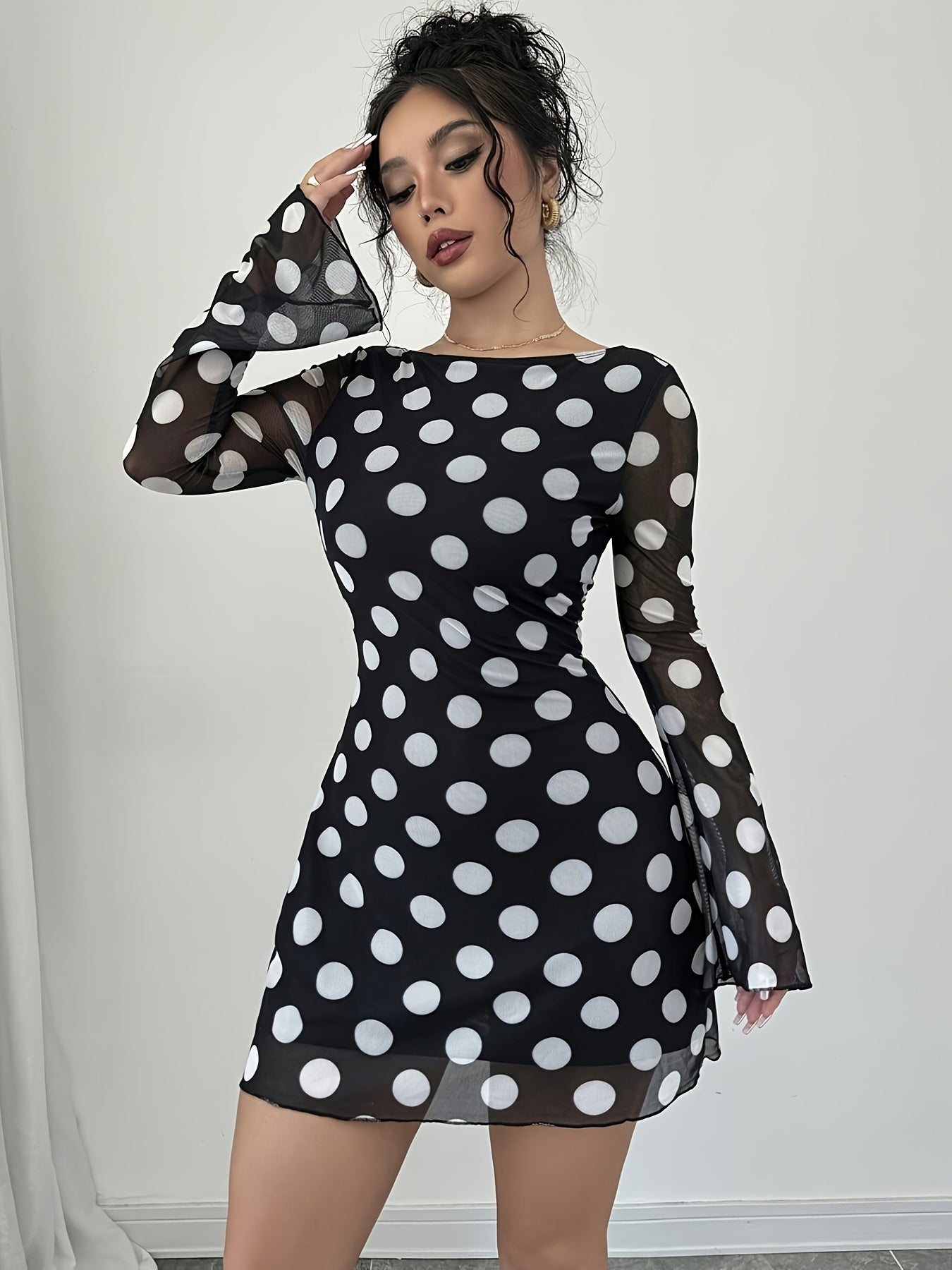 Elegant Women's Polka Dot Backless Mesh Mini Dress with Flare Sleeves - Black & White, Form-Fitting, Polyester & Elastane, Perfect for Spring & Autumn, Casual Elegance | Flare Sleeve Dress | Knit Construction, Cute Dresses