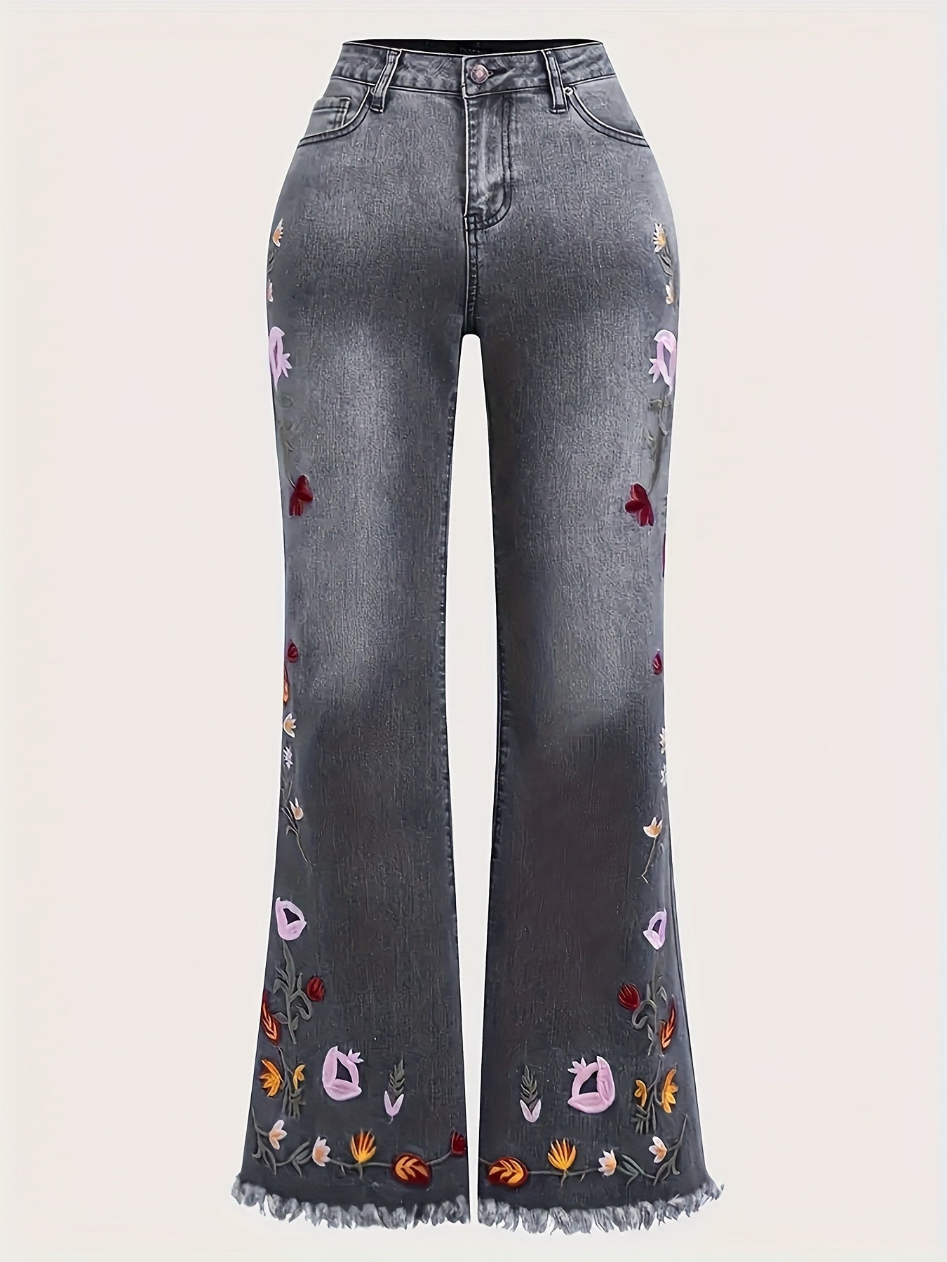 Vintage Floral Embroidered Denim Bell Bottom Jeans for Women - Medium Stretch Woven Fabric, All-Season Flare Pants