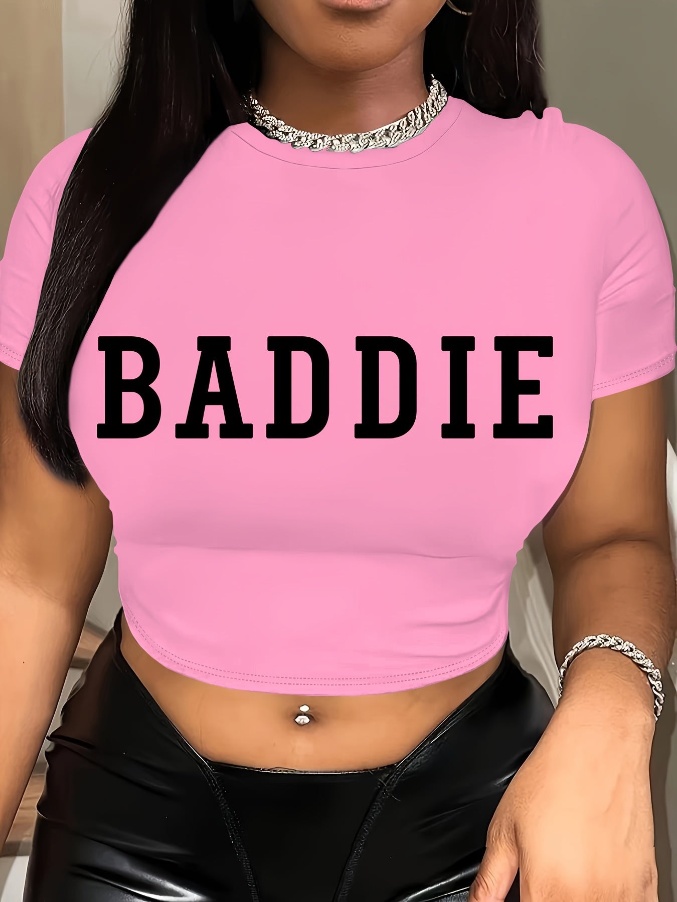 Letter Print Crew Neck Crop T-Shirt, Casual Short Sleeve T-Shirt For Spring & Summer, Women's Clothing