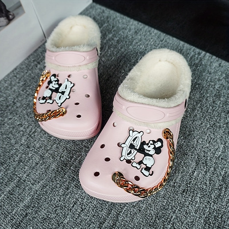 Women's Winter Thermal Clogs – Cartoon Pattern, EVA Sole, Fabric Liner, Golden Chain Detail