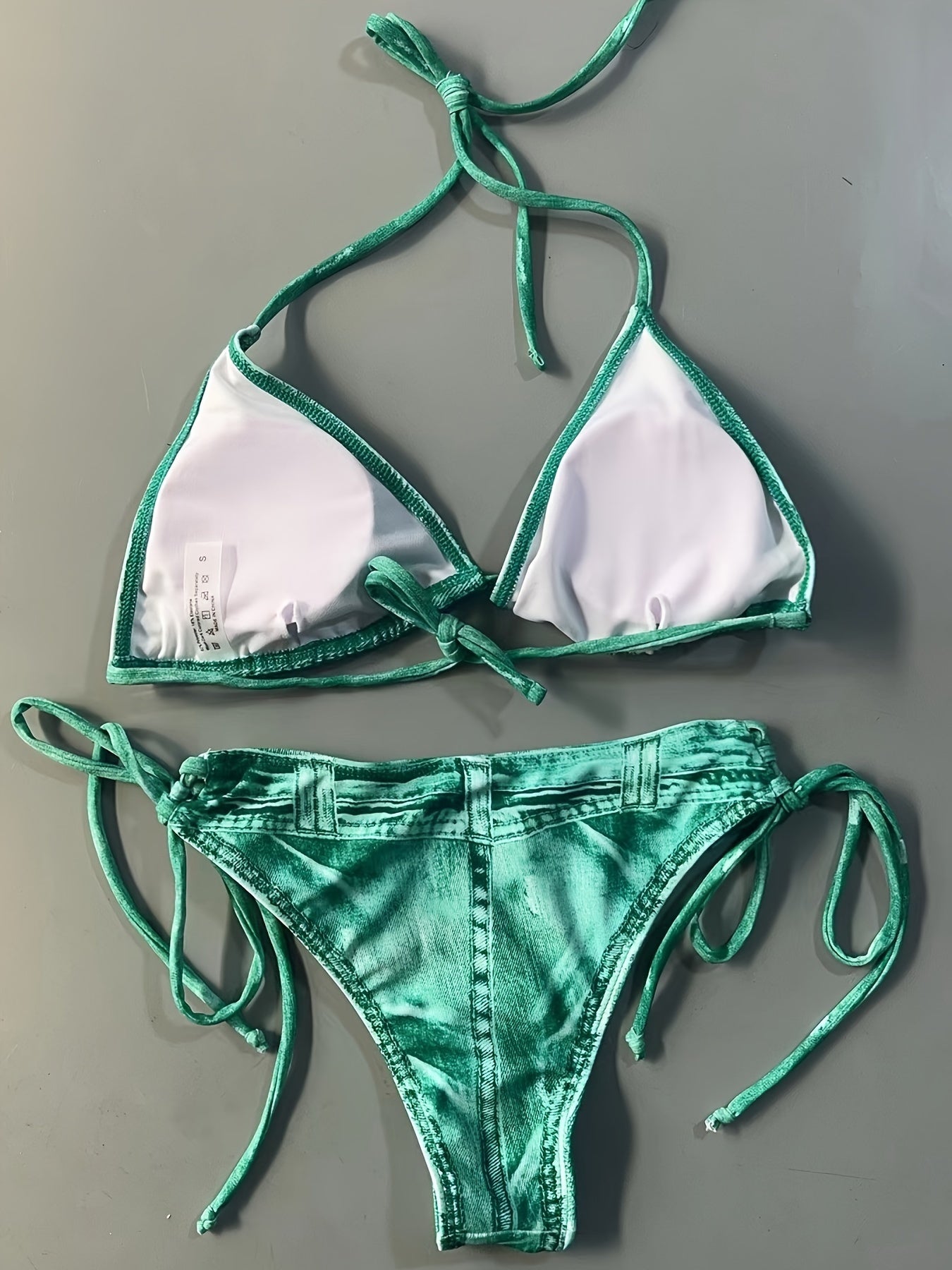 2 Piece Faux Denim Print Triangle Bikini Set - Tie Strap Halter Backless Design, Adjustable Straps, Ruffled Trim, Women's Swimwear & Clothing for Summer Beach Vacation
