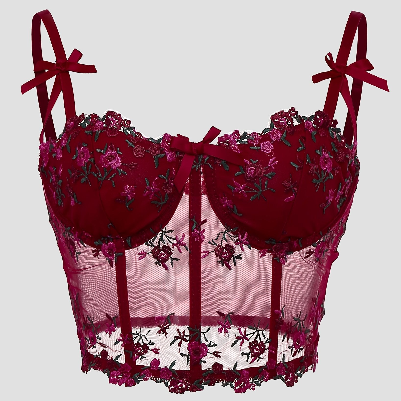 Elegant Black & Red Rose Floral Lace Embroidered Corset Top - Sexy Low-Cut V-Neck Fishbone Mesh Bustier with Adjustable Straps for Women, Perfect for Spring/Summer/Fall, Autumn Clothing | Floral Embroidery | Rose Pattern Desi