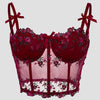 Elegant Black & Red Rose Floral Lace Embroidered Corset Top - Sexy Low-Cut V-Neck Fishbone Mesh Bustier with Adjustable Straps for Women, Perfect for Spring/Summer/Fall, Autumn Clothing | Floral Embroidery | Rose Pattern Desi