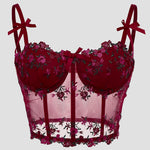 Elegant Black & Red Rose Floral Lace Embroidered Corset Top - Sexy Low-Cut V-Neck Fishbone Mesh Bustier with Adjustable Straps for Women, Perfect for Spring/Summer/Fall, Autumn Clothing | Floral Embroidery | Rose Pattern Desi
