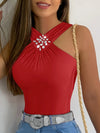 Women'S Off-Shoulder Rhinestone Embellished Pleated Top, 100% Polyester Knit Fabric, Slim Fit Sleeveless Casual Blouse for Spring/Summer