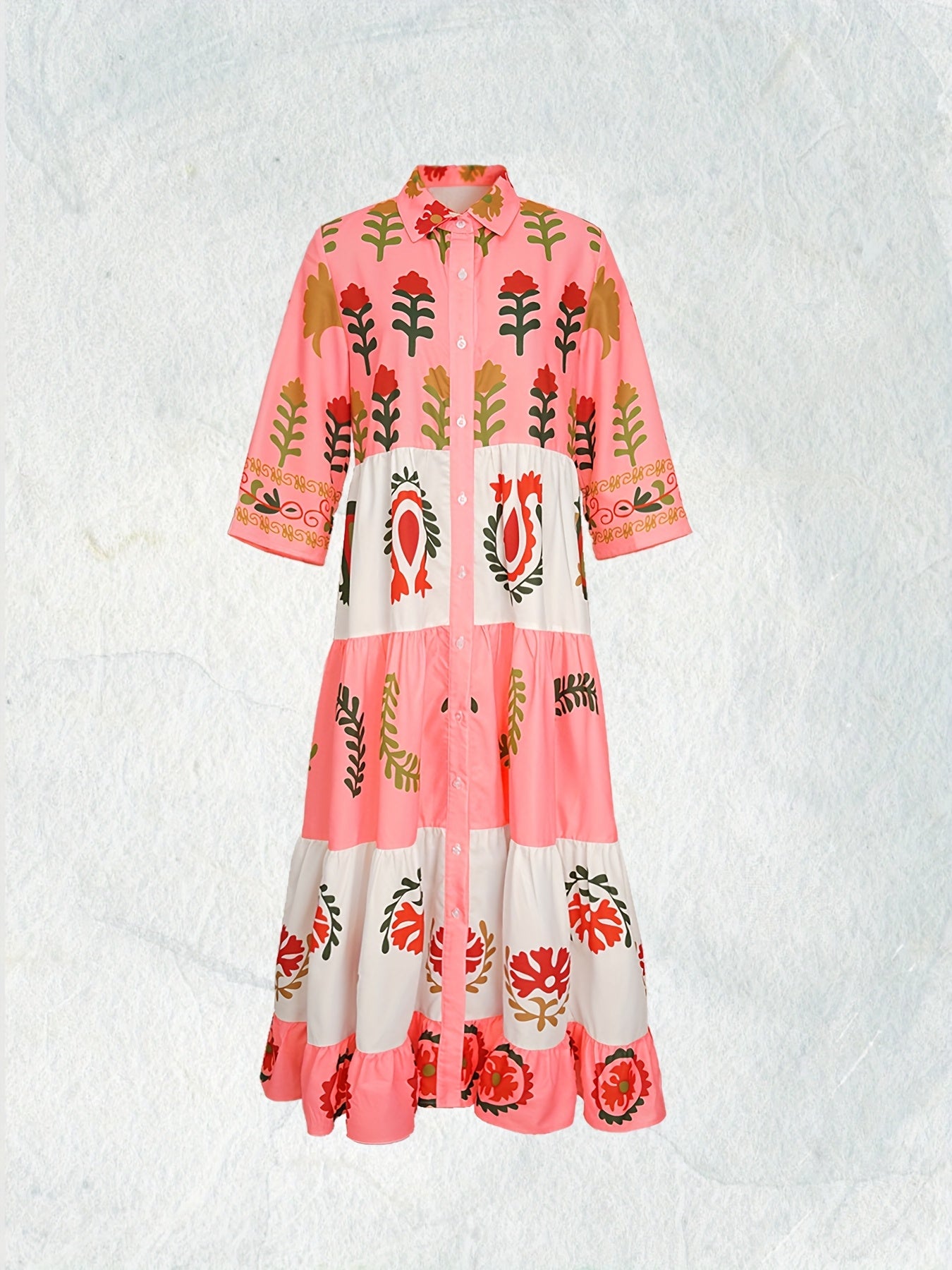 Women'S Elegant Floral Print Maxi Dress with Layered Ruffle Detail - Loose Fit, Long Sleeve, Button-Up Shirt Dress for Spring and Fall, Casual Attire|Floral Print Dress|Layered Ruffle Detail