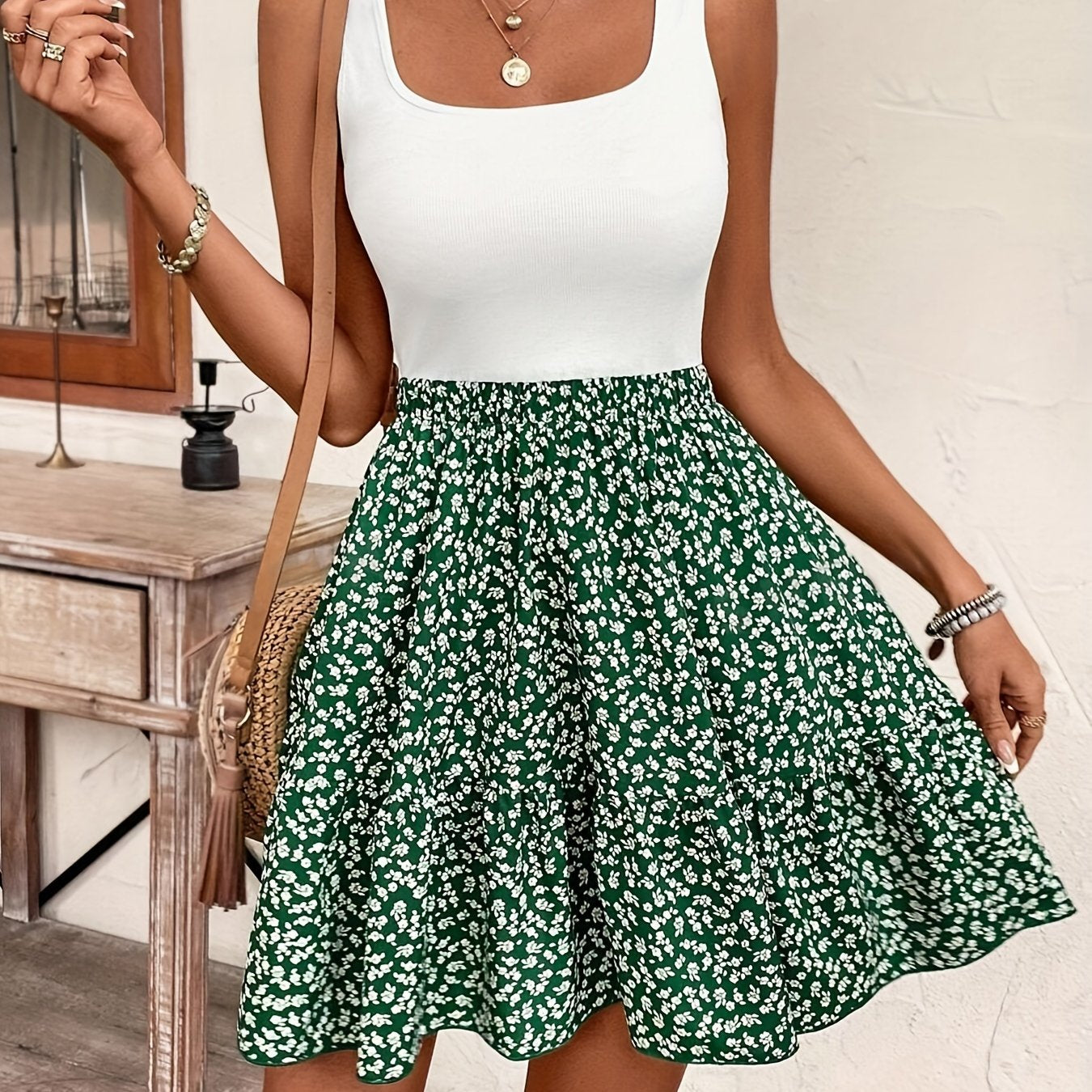 Elegant French-Inspired Floral Tank Dress for Women - High Stretch, Machine Washable, Perfect for Summer Vacations